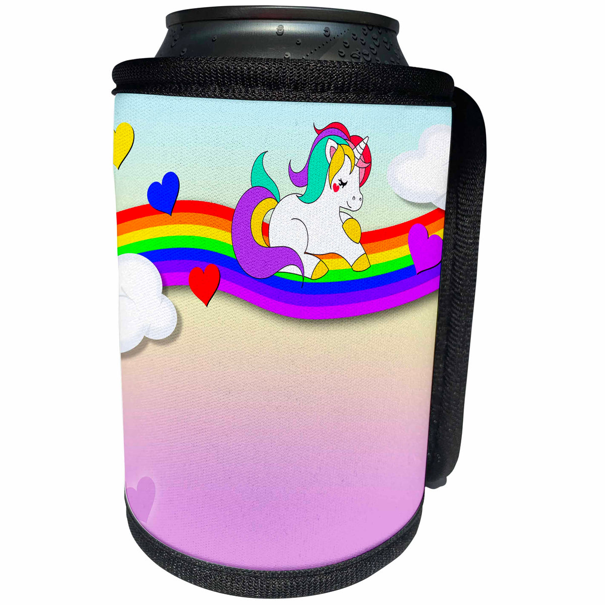 3dRose Sven Herkenrath Fantasy - Cute White Unicorn Sitting on a Rainbow Funny Illustration - Can Cooler Bottle Wrap (cc_275943)