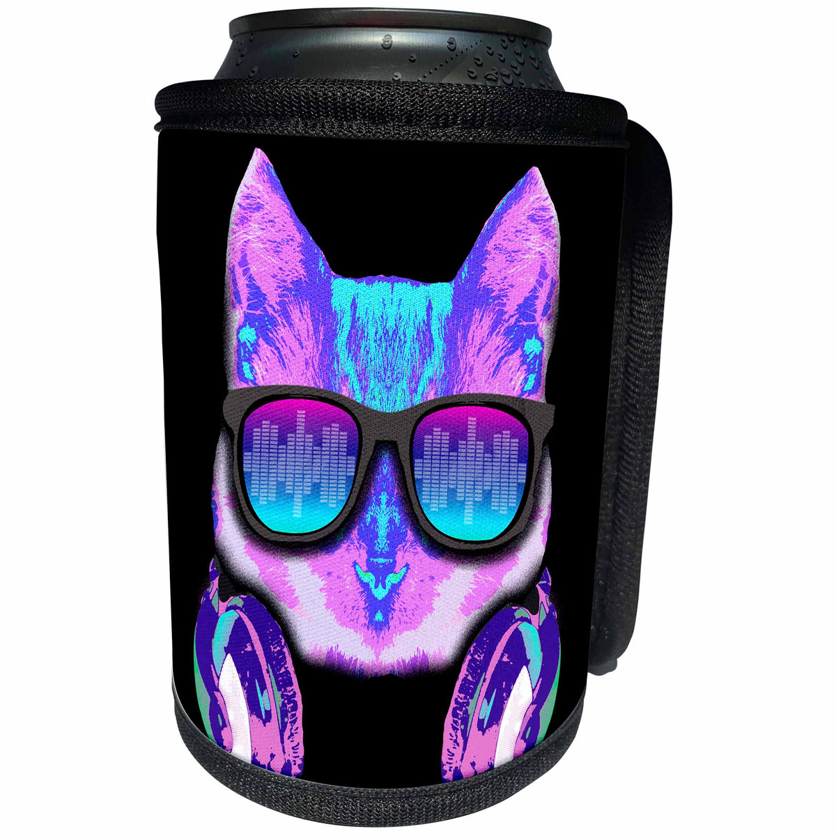 3dRose Sven Herkenrath Animal - Neon Colored Disco Cat with Sun Glasses and Headphones - Can Cooler Bottle Wrap (cc_275949)