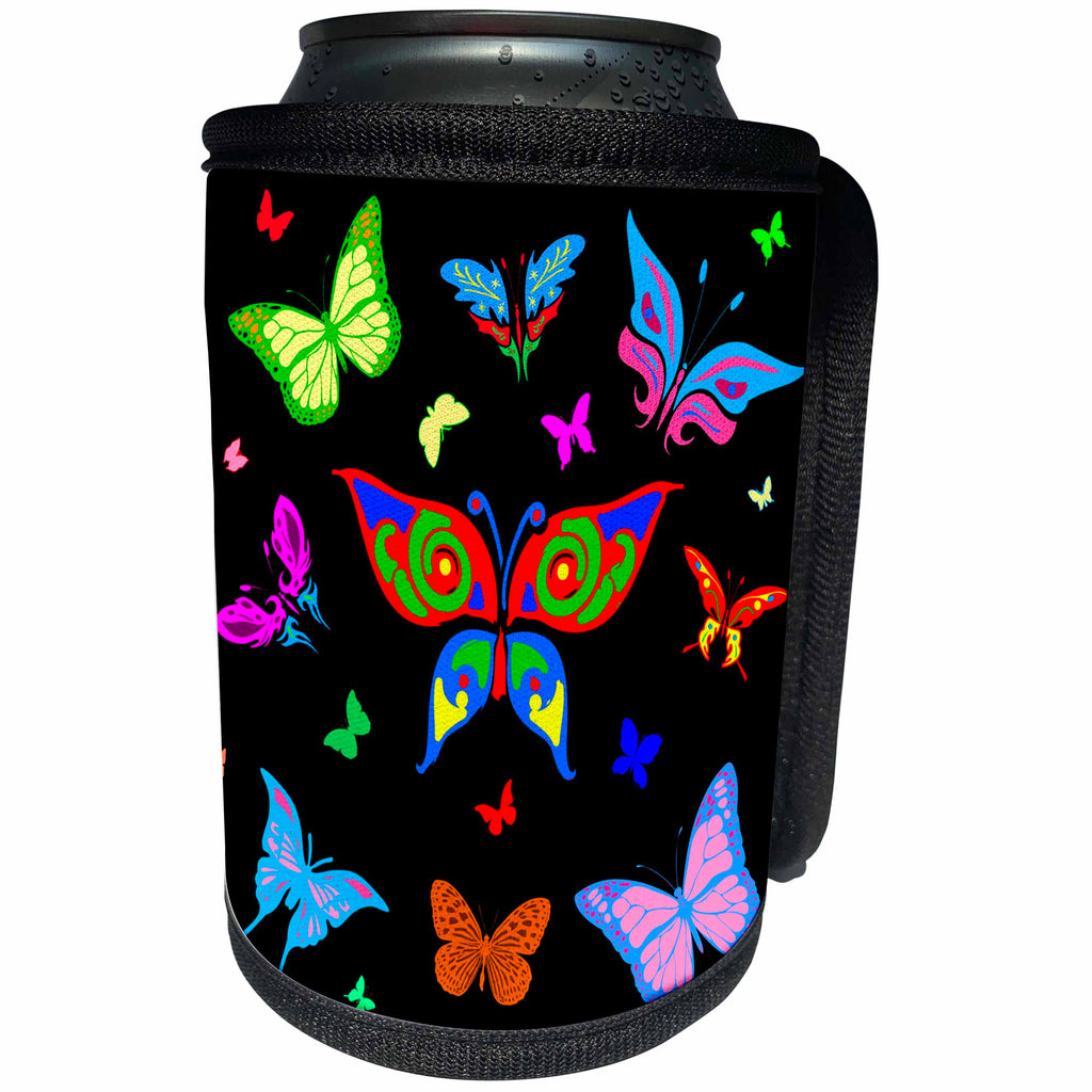 3dRose Alexis Design - Butterfly - Colorful butterflies of different shapes against the black background - Can Cooler Bottle Wrap (cc_275975)