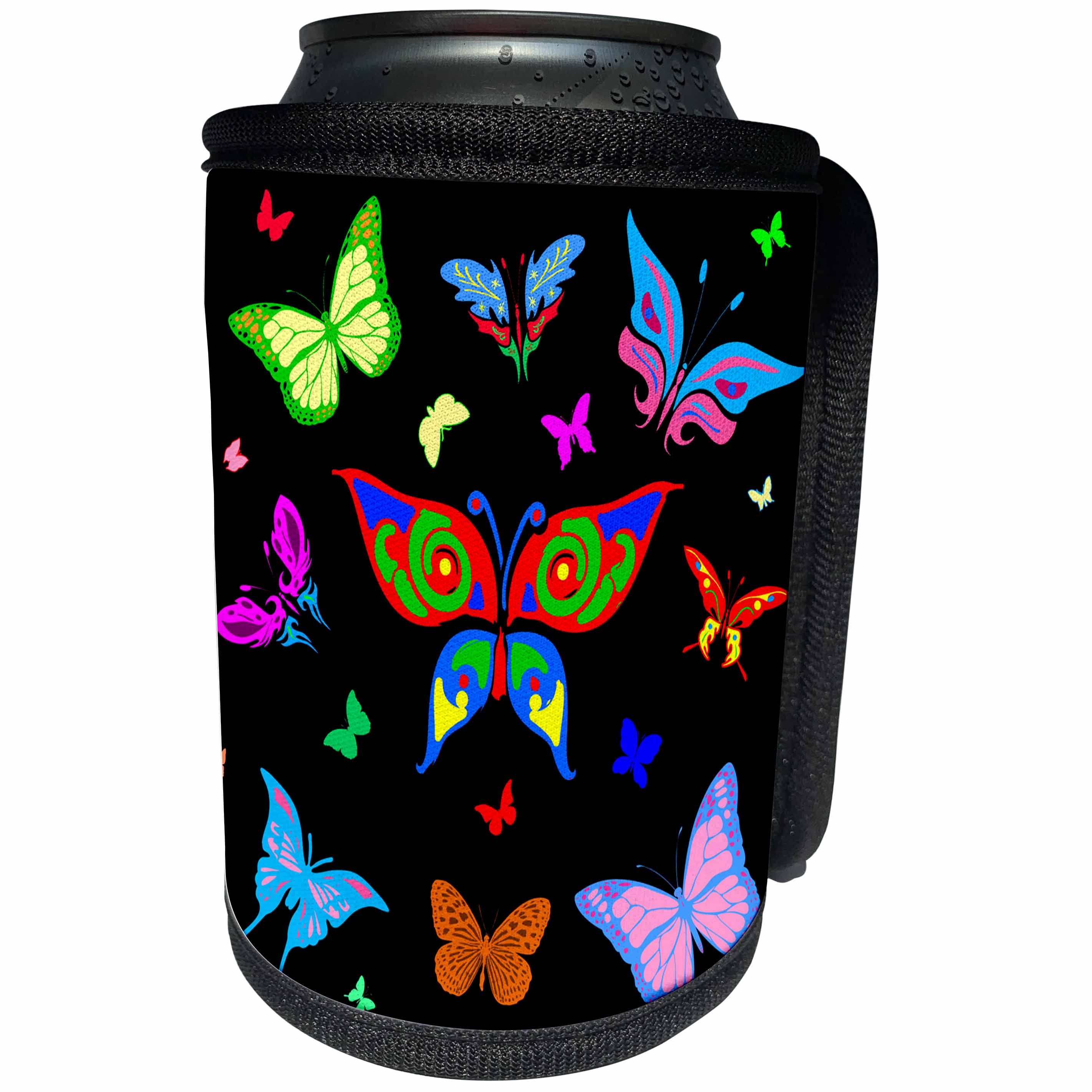 3dRose Alexis Design - Butterfly - Colorful butterflies of different shapes against the black background - Can Cooler Bottle Wrap (cc_275975)
