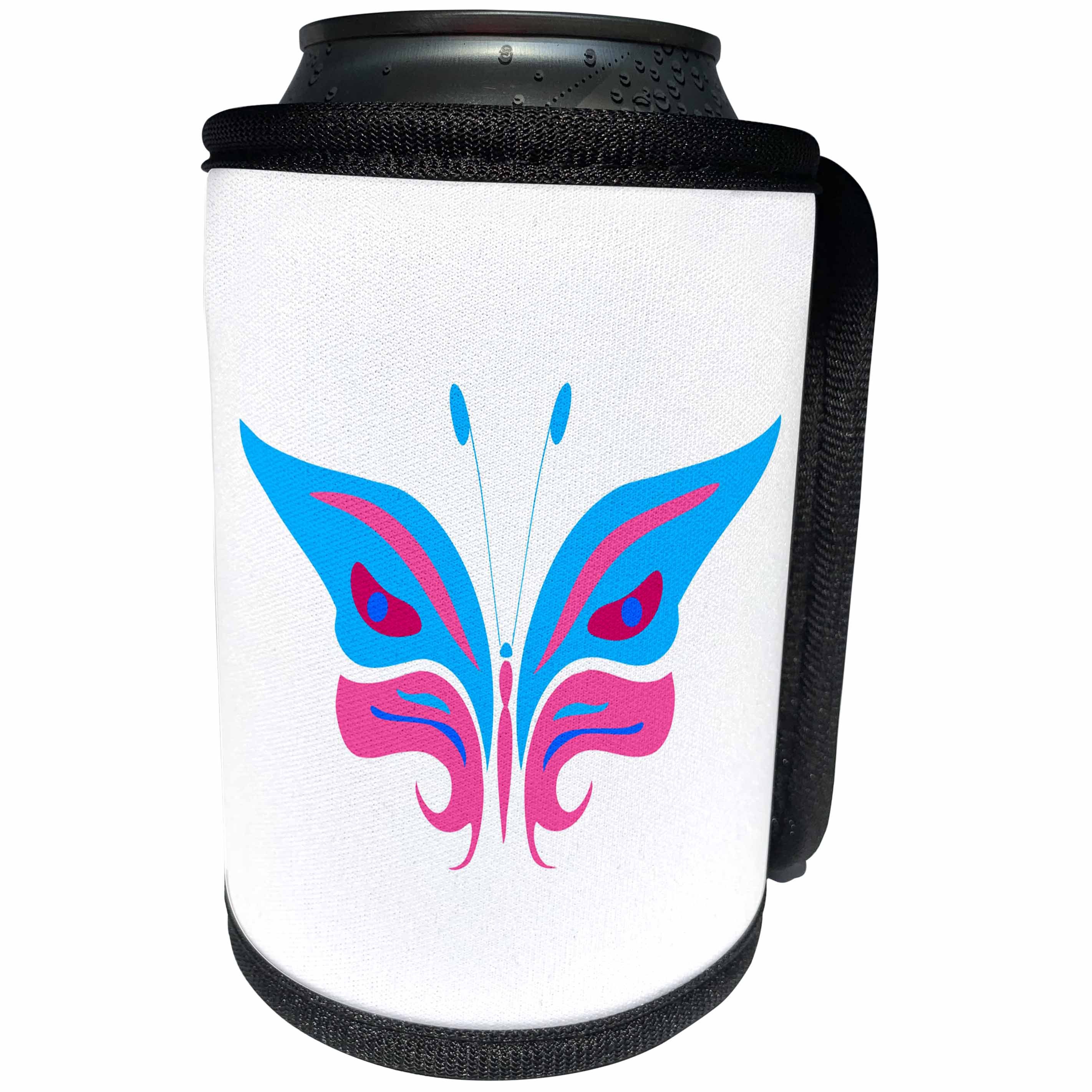 3dRose Alexis Design - Butterfly - Design of a blue and pink ornamental butterfly on white background - Can Cooler Bottle Wrap (cc_275978)
