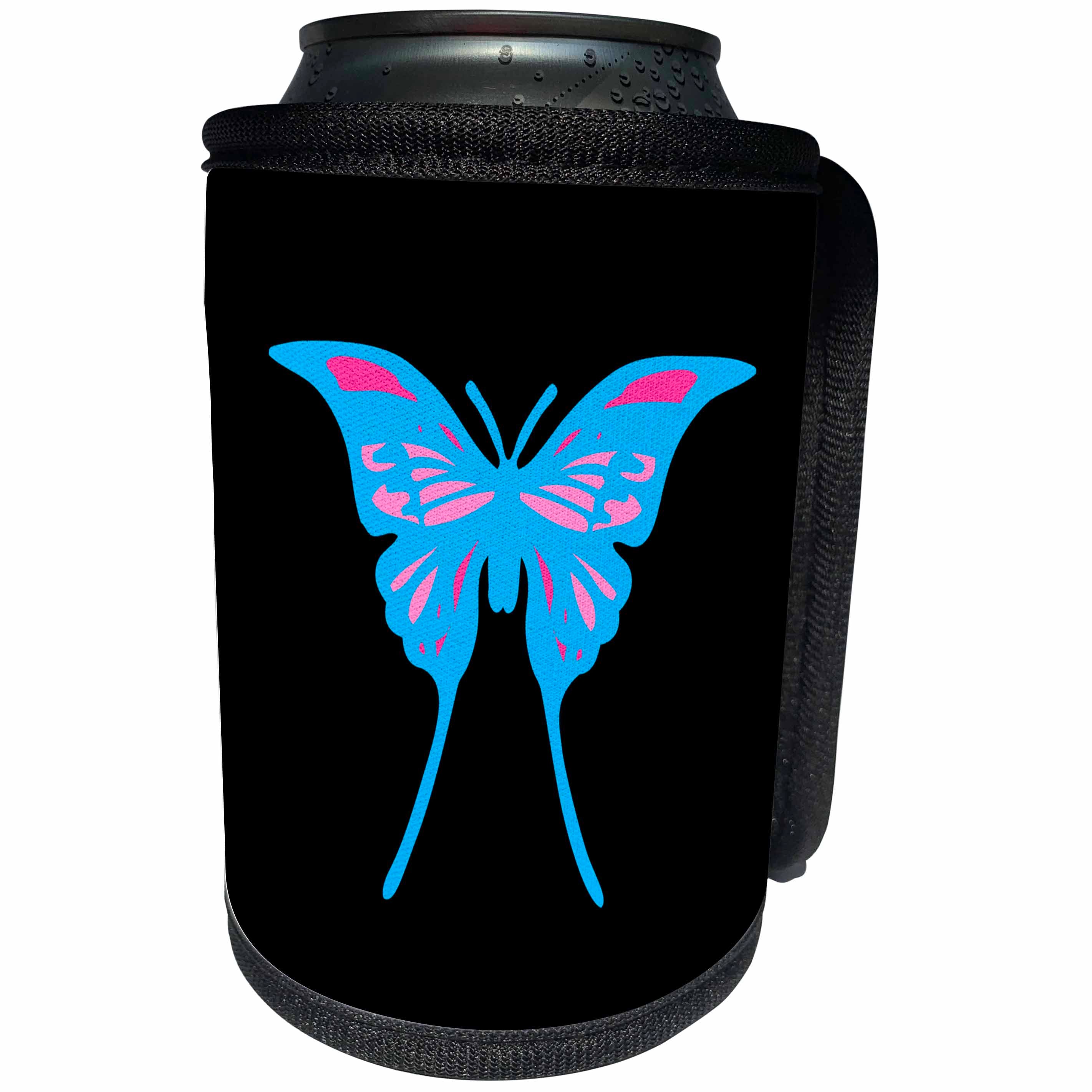 3dRose Alexis Design - Butterfly - Design of a swallow tail blue and pink decorated butterfly on black - Can Cooler Bottle Wrap (cc_275979)