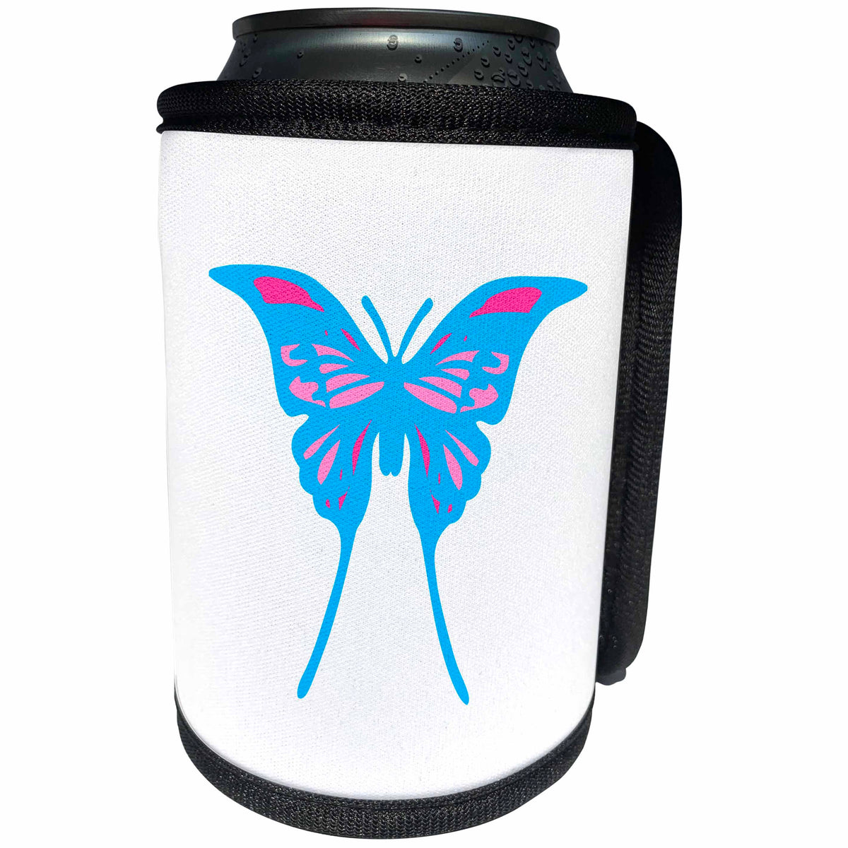 3dRose Alexis Design - Butterfly - Design of a swallow tail blue and pink decorated butterfly on white - Can Cooler Bottle Wrap (cc_275980)