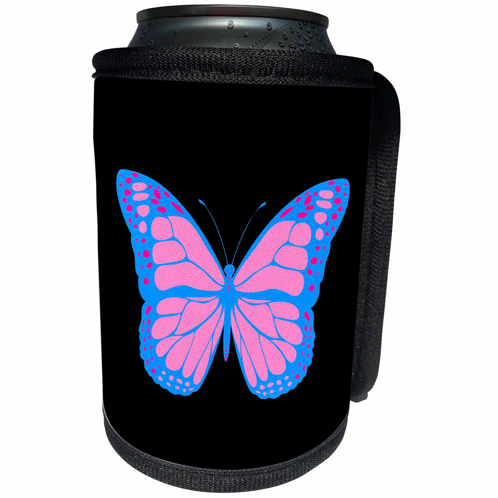 3dRose Alexis Design - Butterfly - Design of a beautiful blue and pink butterfly on black background - Can Cooler Bottle Wrap (cc_275981)