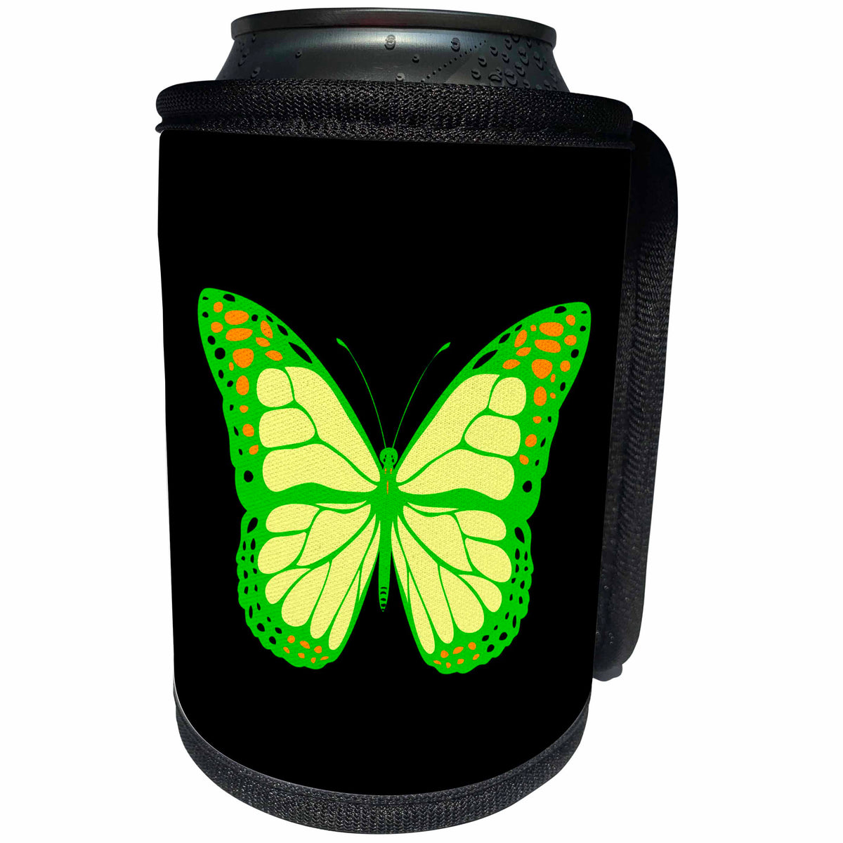3dRose Alexis Design - Butterfly - Design of a green and yellow butterfly on black background - Can Cooler Bottle Wrap (cc_275987)