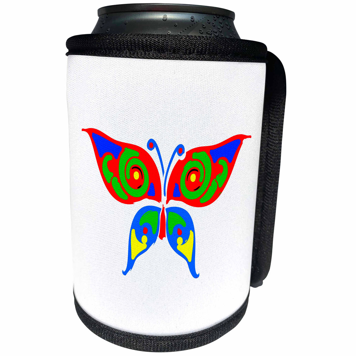 3dRose Can Cooler Bottle Wrap - Alexis Design - Butterfly - Red and Blue Ornamented Butterfly Design on White
