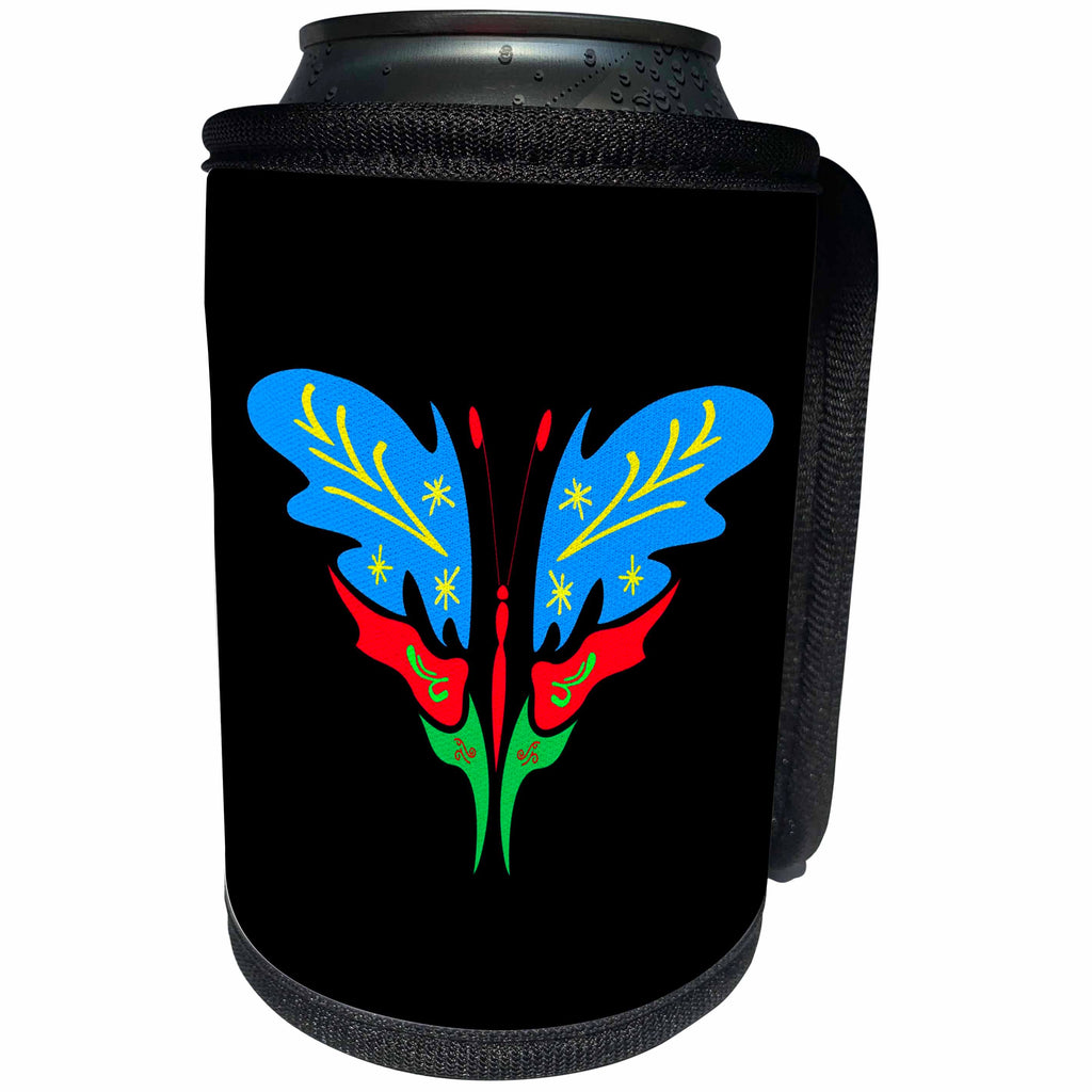 3dRose Alexis Design - Butterfly - Design of a colorful blue, red and green butterfly on black - Can Cooler Bottle Wrap (cc_275993)
