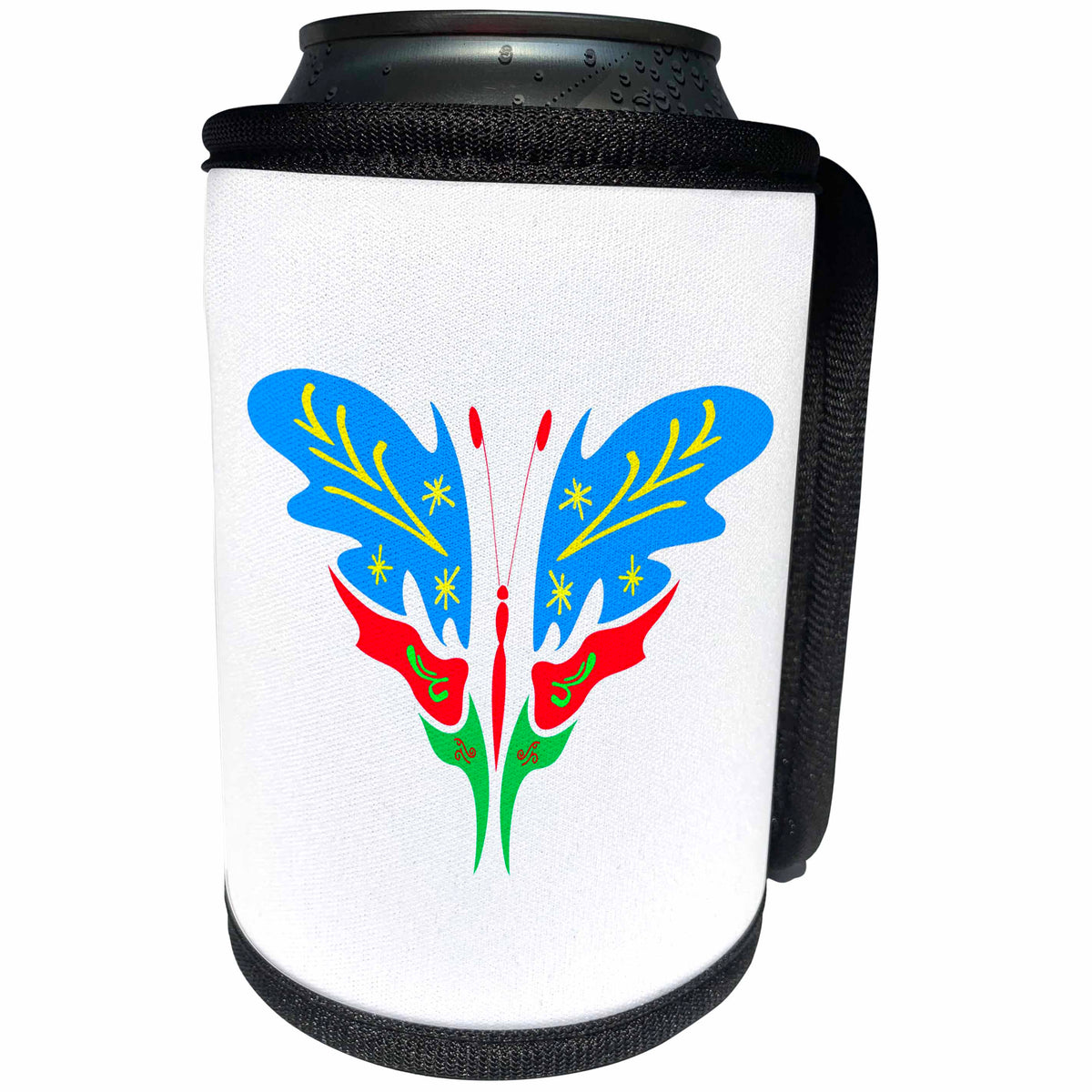 3dRose Alexis Design - Butterfly - Design of a colorful blue, red and green butterfly on white - Can Cooler Bottle Wrap (cc_275994)