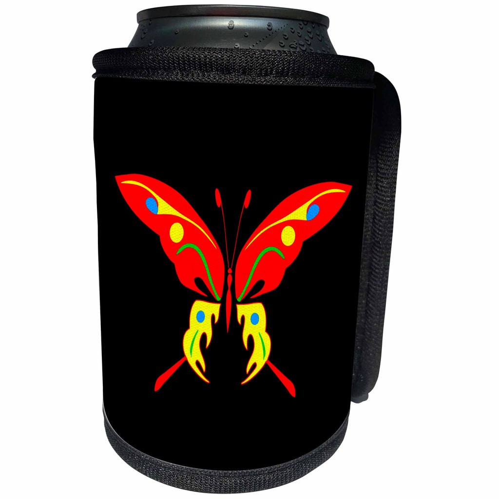 3dRose Alexis Design - Butterfly - Design of a red and yellow decorative butterfly on black - Can Cooler Bottle Wrap (cc_275995)