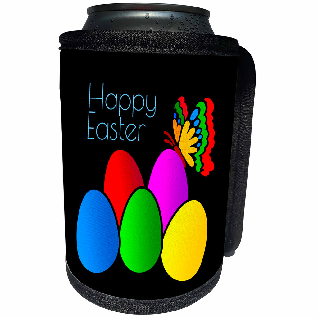 3dRose Alexis Design - Holidays Easter - Painted Easter eggs, colorful butterfly, text Happy Easter on black - Can Cooler Bottle Wrap (cc_275997)