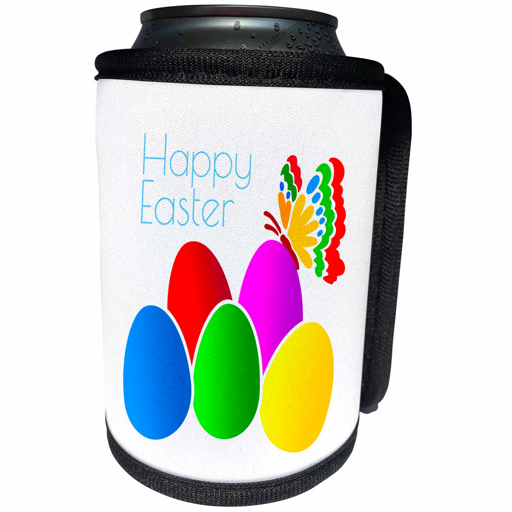 3dRose Alexis Design - Holidays Easter - Painted Easter eggs, colorful butterfly, text Happy Easter on white - Can Cooler Bottle Wrap (cc_275998)
