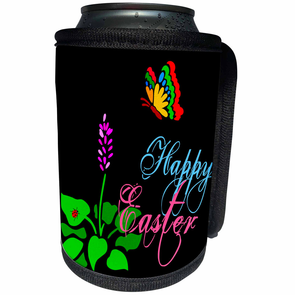 3dRose Alexis Design - Holidays Easter - Butterfly, spring flower, red ladybug, text Happy Easter on black - Can Cooler Bottle Wrap (cc_275999)