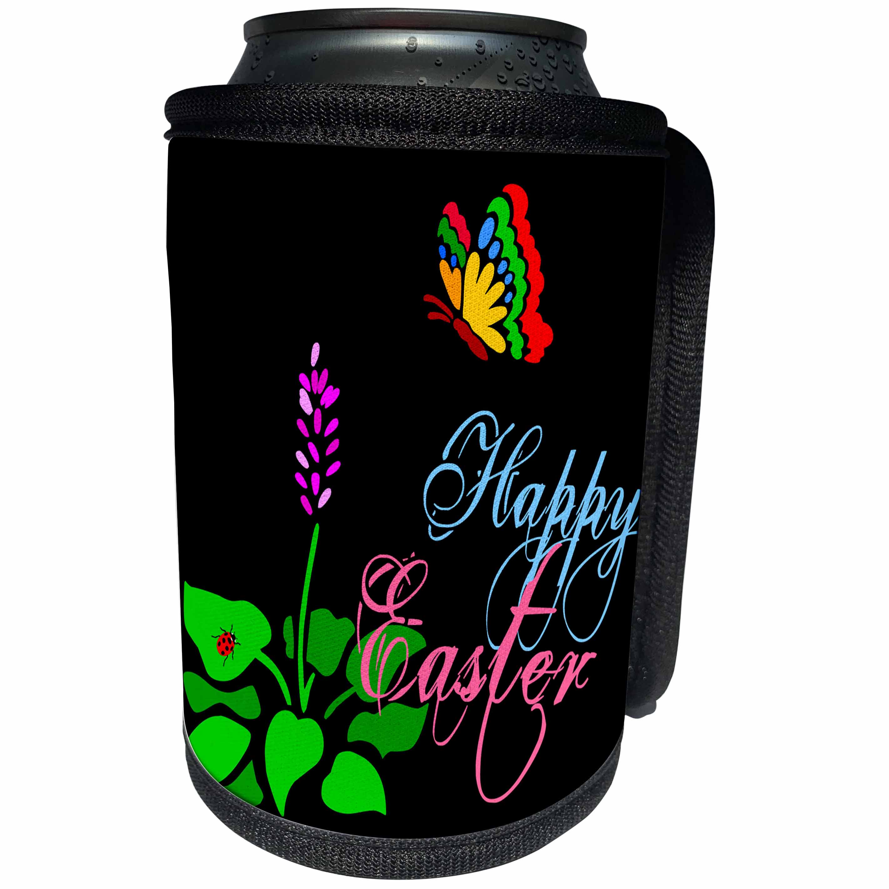 3dRose Alexis Design - Holidays Easter - Butterfly, spring flower, red ladybug, text Happy Easter on black - Can Cooler Bottle Wrap (cc_275999)
