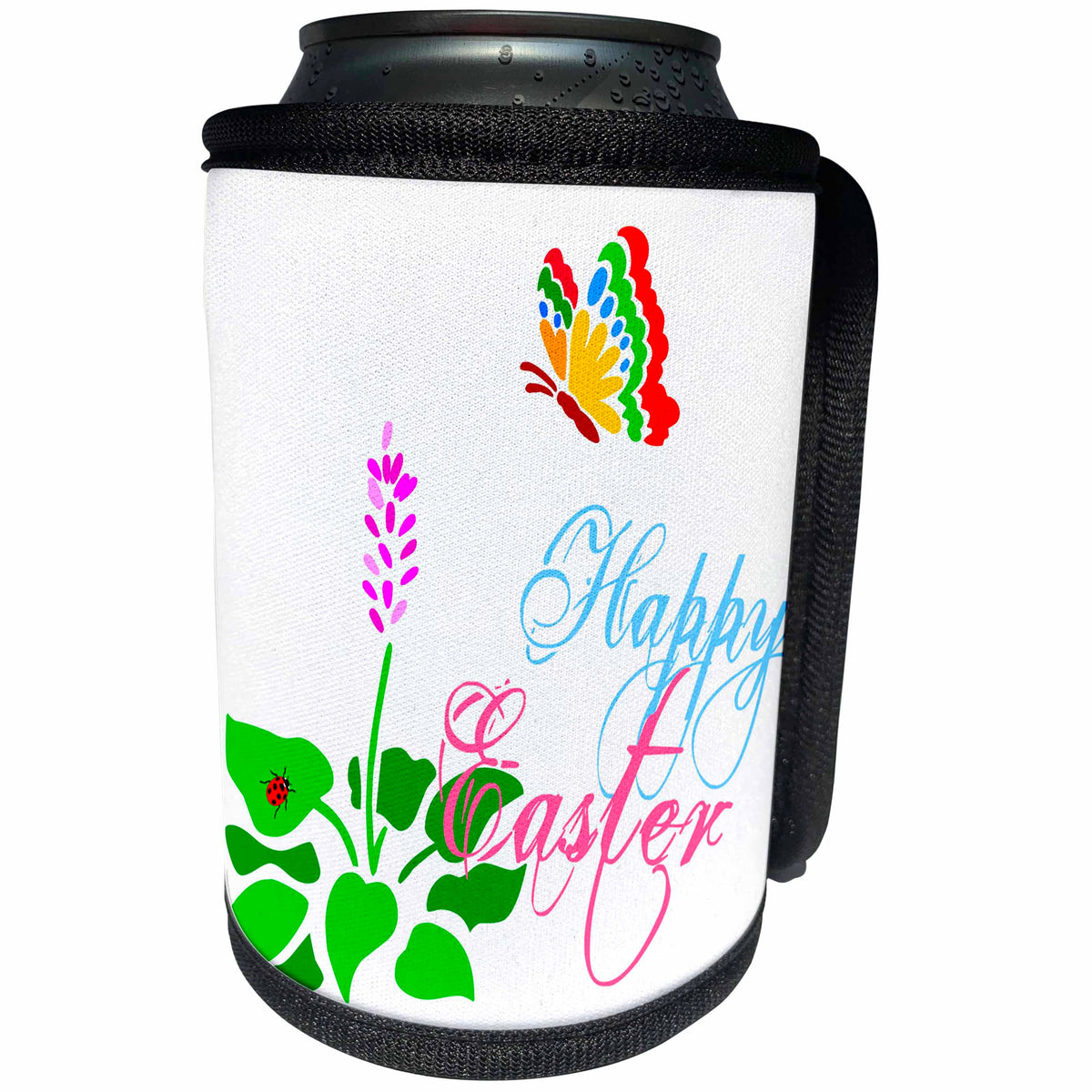 3dRose Alexis Design - Holidays Easter - Butterfly, spring flower, red ladybug, text Happy Easter on white - Can Cooler Bottle Wrap (cc_276000)