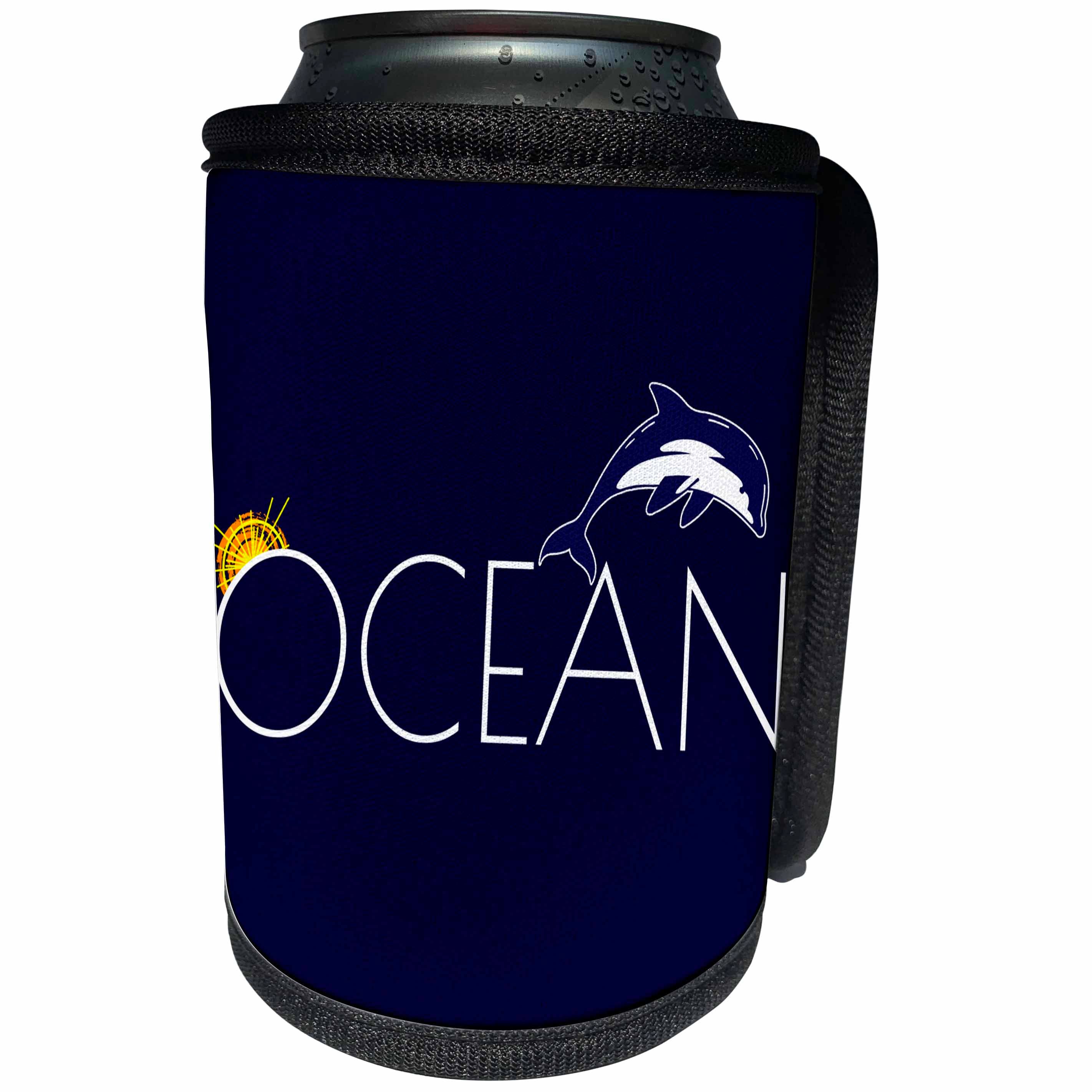 3dRose Alexis Design - Beach, Sea, Surf - Text Ocean, dolphin and a rising sun against the navy on blue - Can Cooler Bottle Wrap (cc_276001)