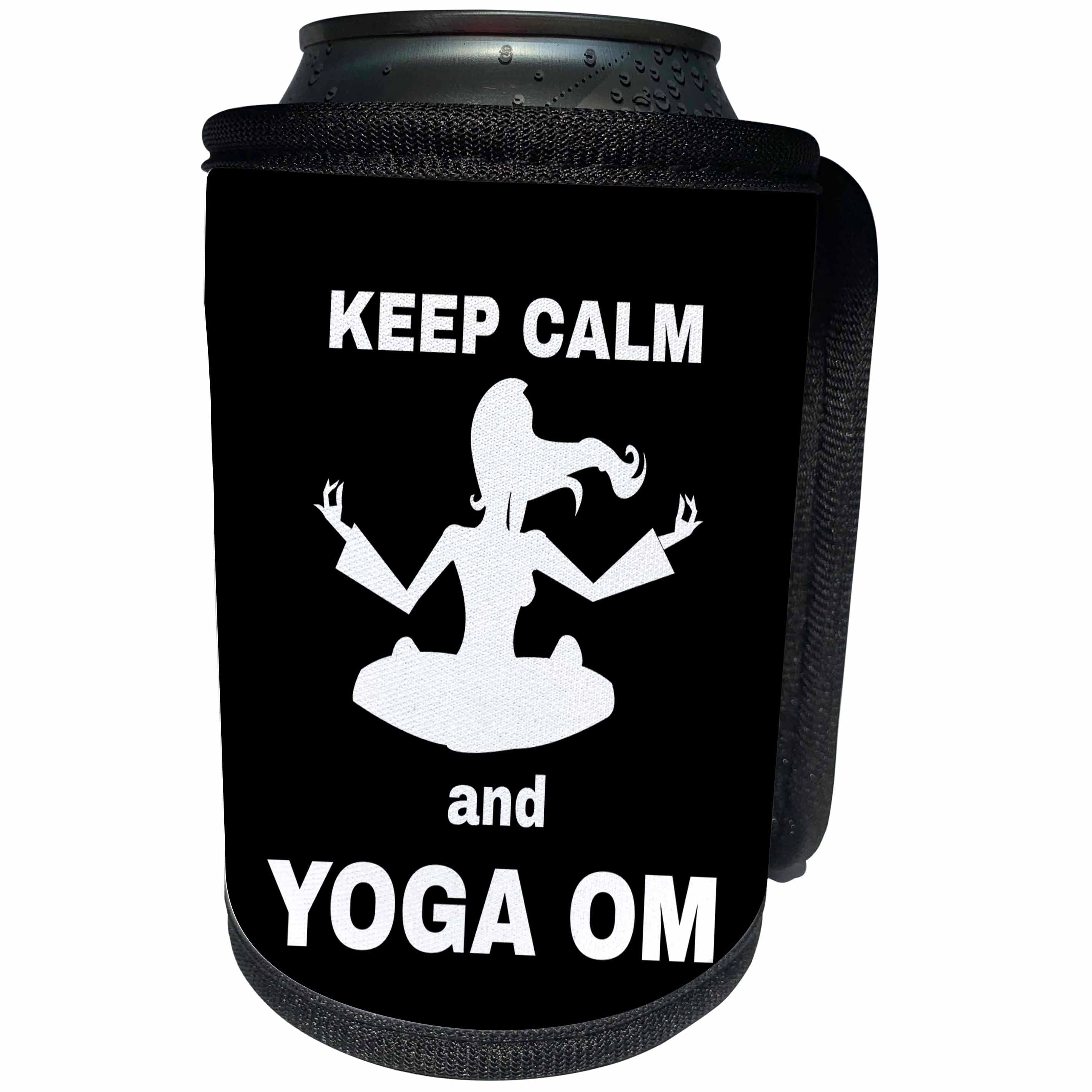3dRose Alexis Design - Yoga - Silhouette of a meditating woman. Keep Calm And Yoga OM on black - Can Cooler Bottle Wrap (cc_276003)