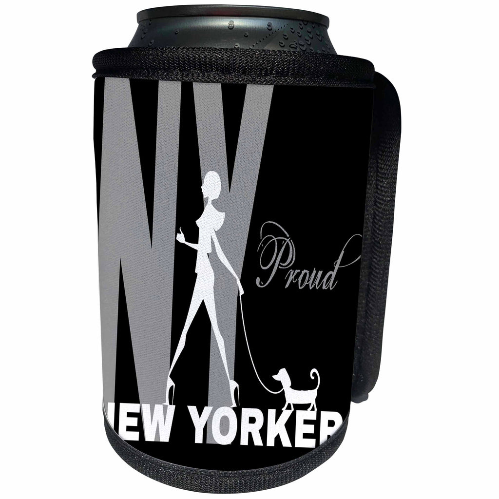 3dRose Alexis Design - American Cities - Elegant woman with a dog. Proud New Yorker. Stylish design on black - Can Cooler Bottle Wrap (cc_276005)
