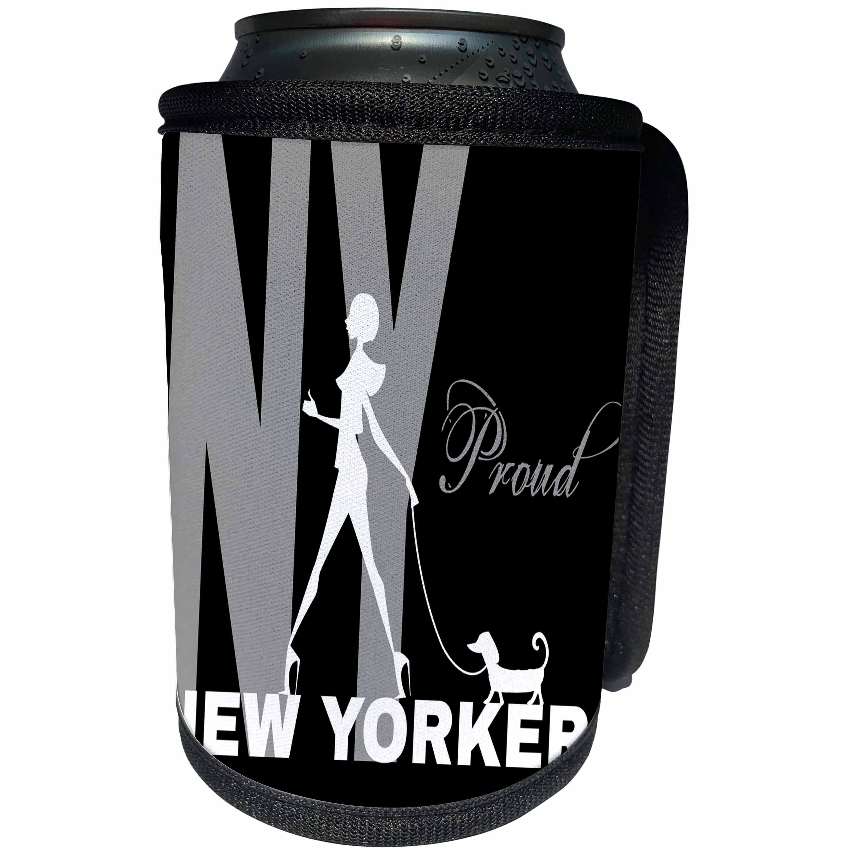 3dRose Alexis Design - American Cities - Elegant woman with a dog. Proud New Yorker. Stylish design on black - Can Cooler Bottle Wrap (cc_276005)