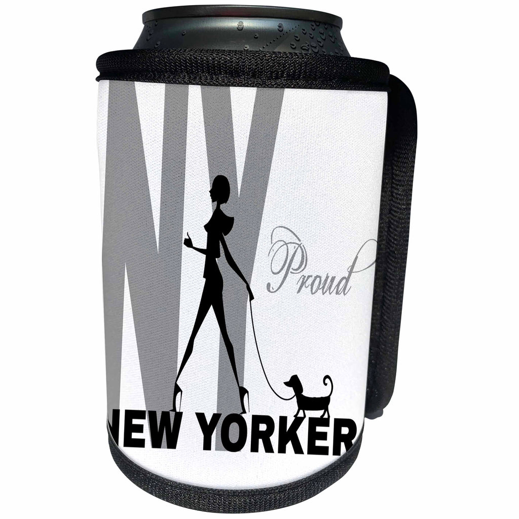 3dRose Alexis Design - American Cities - Elegant woman with a dog. Proud New Yorker. Stylish design on white - Can Cooler Bottle Wrap (cc_276006)