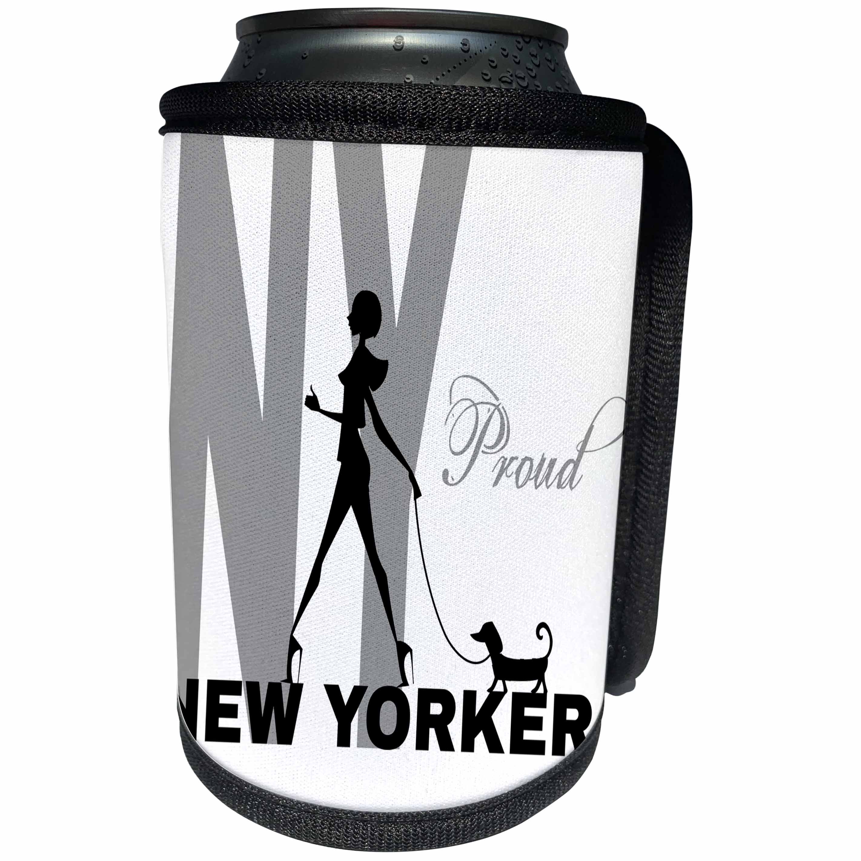 3dRose Alexis Design - American Cities - Elegant woman with a dog. Proud New Yorker. Stylish design on white - Can Cooler Bottle Wrap (cc_276006)