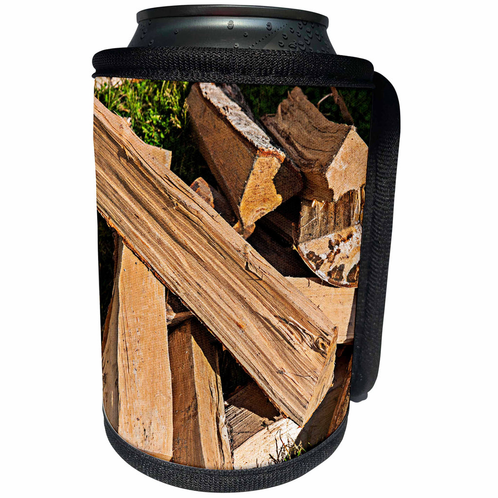 3dRose Alexis Photography - Objects - Pile of firewood lays on a grass in a backyard on a sunny day - Can Cooler Bottle Wrap (cc_276023)