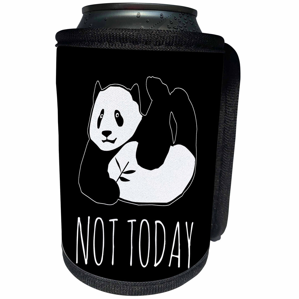 3dRose Alexis Design - Funny Panda - Funny panda bear lies its legs up. Text NOT TODAY on black background - Can Cooler Bottle Wrap (cc_276031)