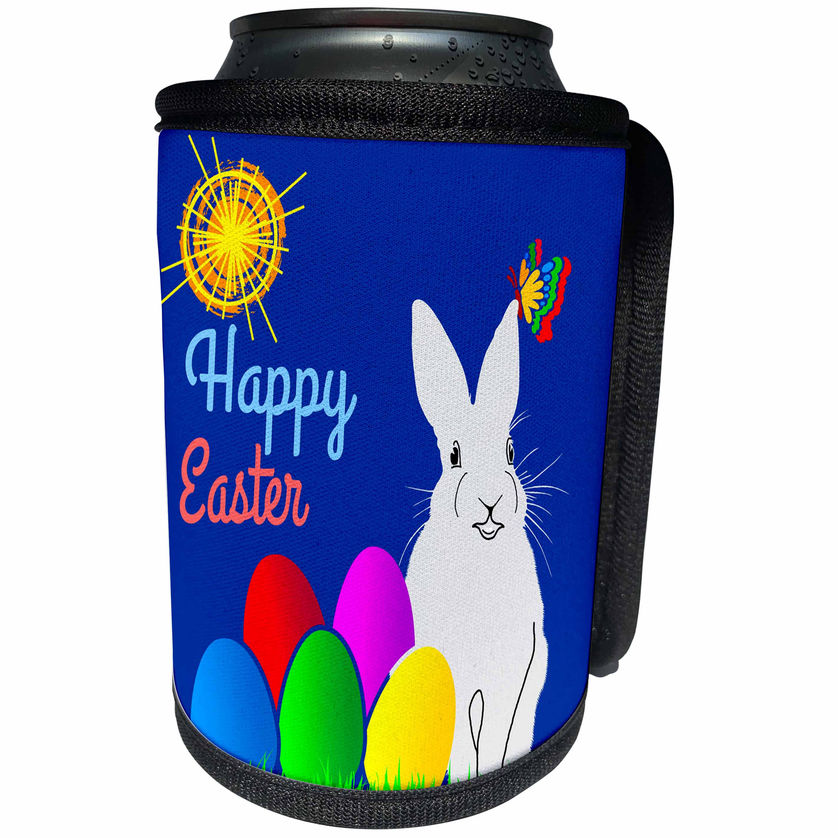3dRose Alexis Design - Holidays Easter - Funny bunny, painted eggs, colorful butterfly, sun. Happy Easter - Can Cooler Bottle Wrap (cc_276033)