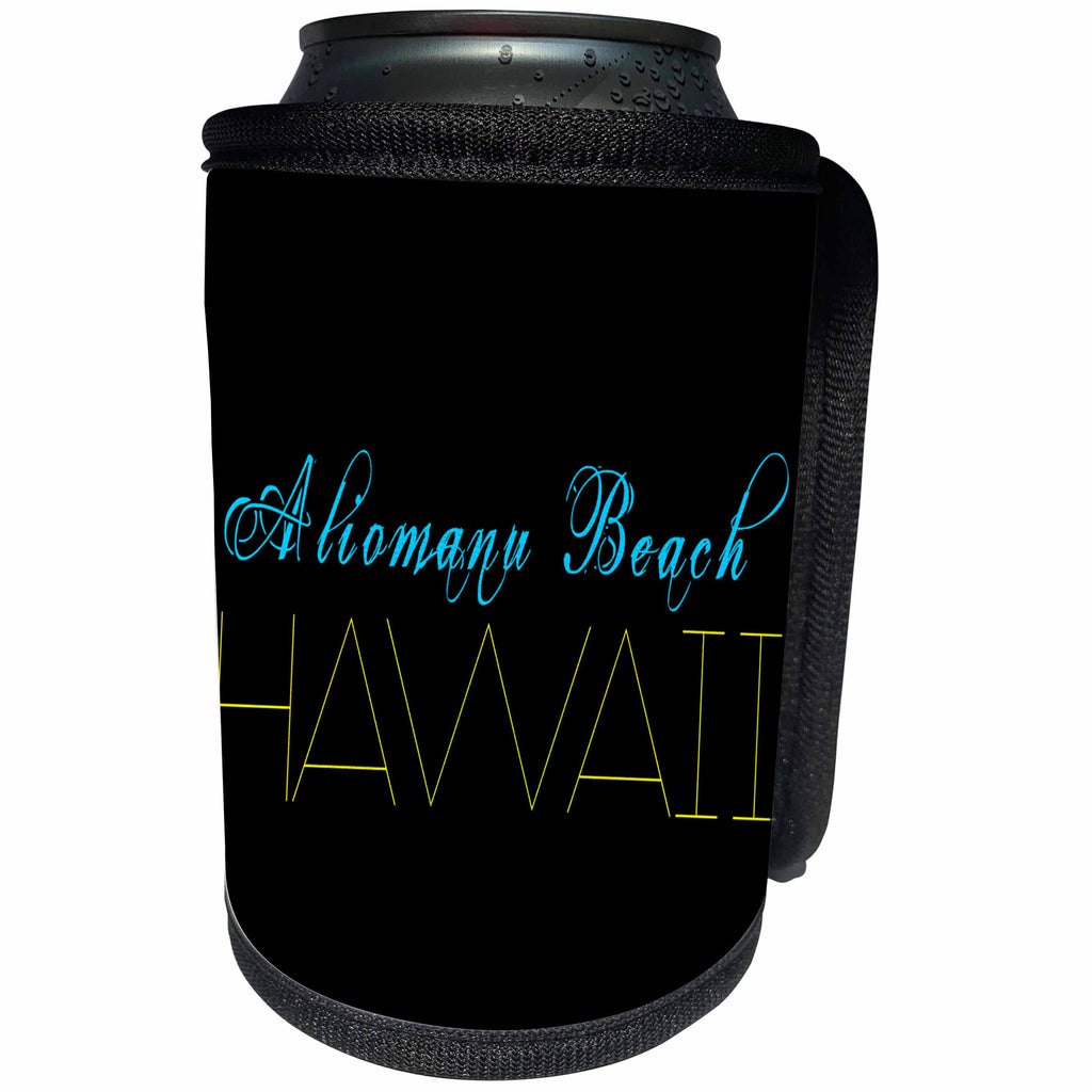 3dRose Alexis Design - American Beaches - American Beaches - Aliomanu Beach, Hawaii, blue, yellow on black - Can Cooler Bottle Wrap (cc_276036)