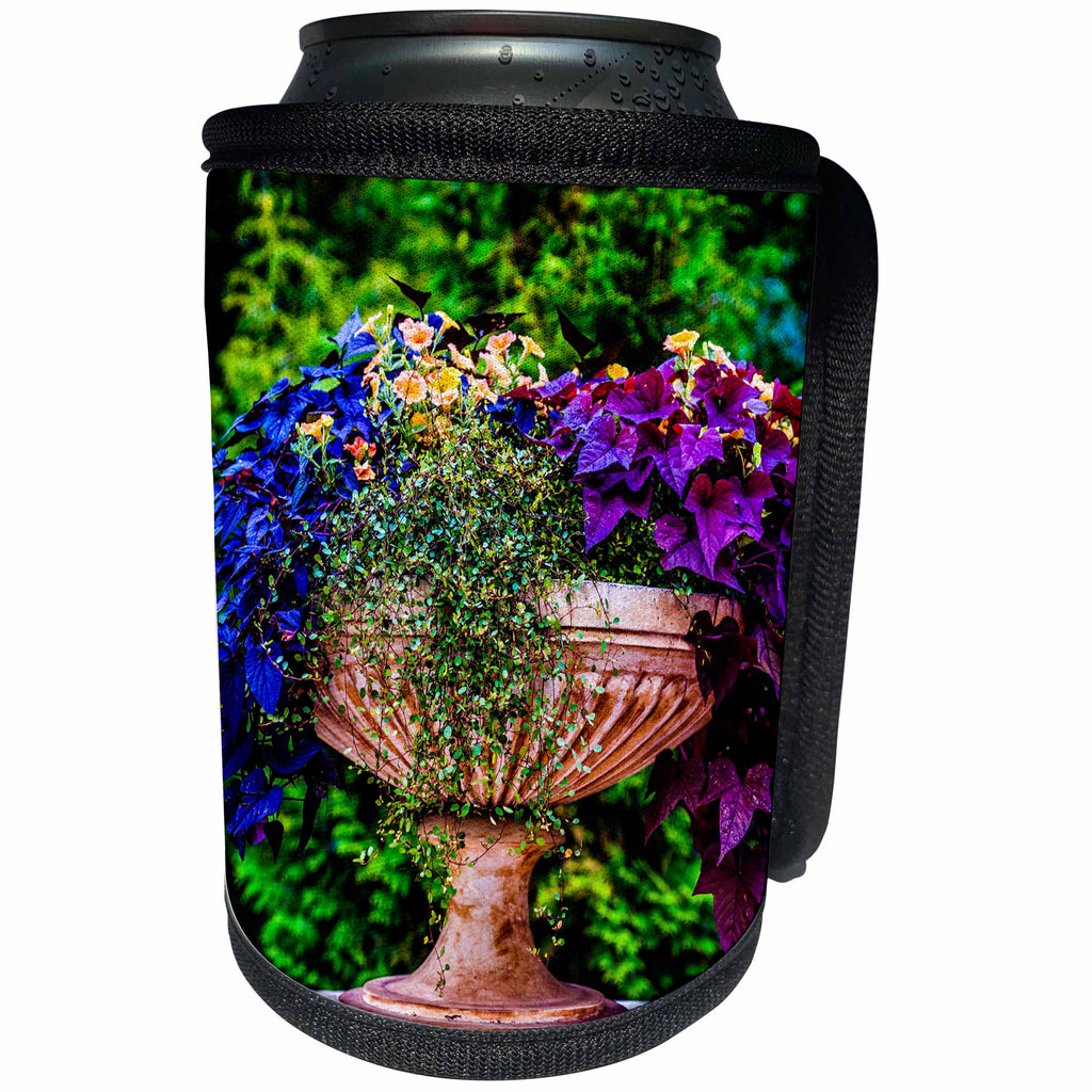 3dRose Alexis Photography - Seasons Summer - Marble Garden vase Full of Colorful Plants and Flowers - Can Cooler Bottle Wrap (cc_276058)