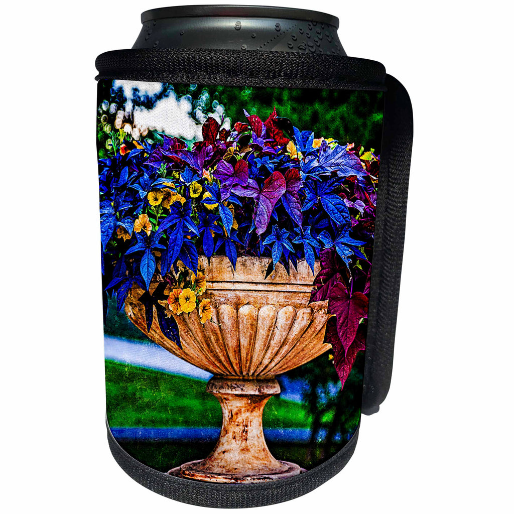 3dRose Alexis Photography - Seasons Summer - Colorful Garden urn with Plants and Petunia Flowers - Can Cooler Bottle Wrap (cc_276059)