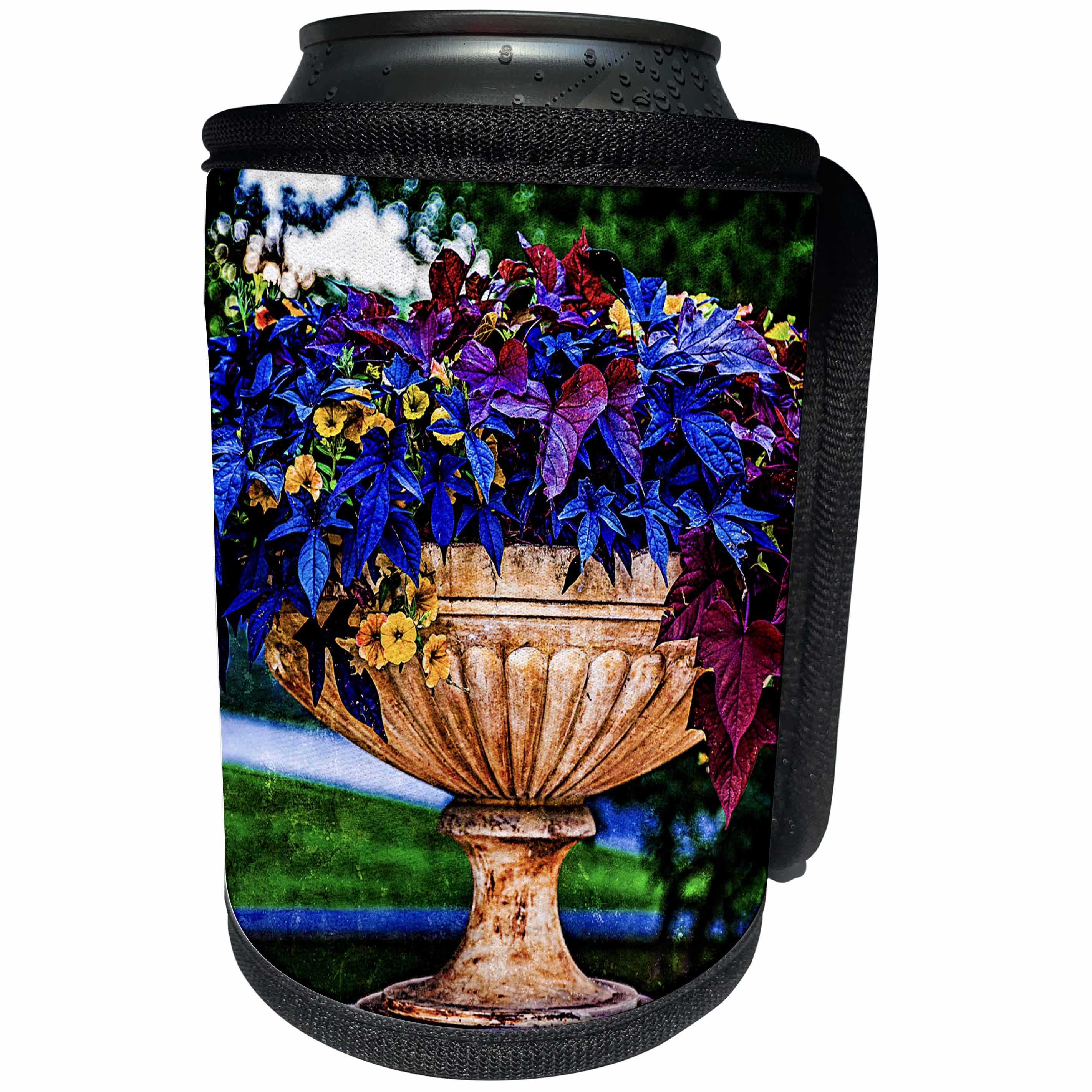 3dRose Alexis Photography - Seasons Summer - Colorful Garden urn with Plants and Petunia Flowers - Can Cooler Bottle Wrap (cc_276059)