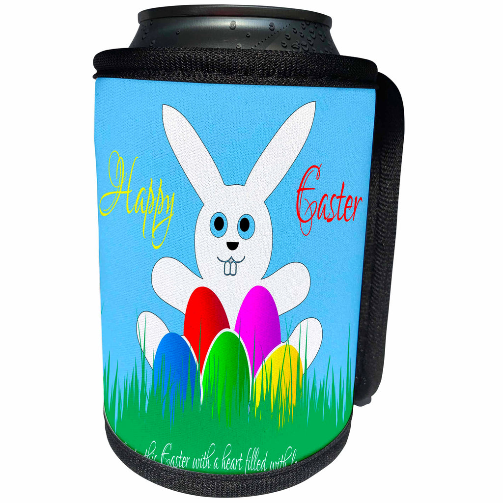 3dRose Alexis Design - Holidays Easter - Happy Easter bunny, painted eggs, green grass and text - Can Cooler Bottle Wrap (cc_276071)