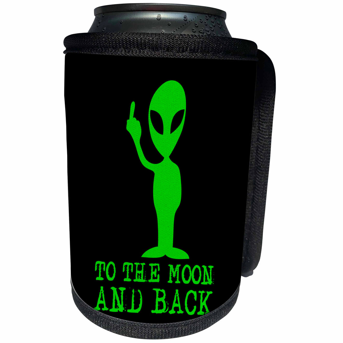 3dRose Alexis Design - Funny - Funny green alien shows his finger. TO THE MOON AND BACK on black - Can Cooler Bottle Wrap (cc_276080)