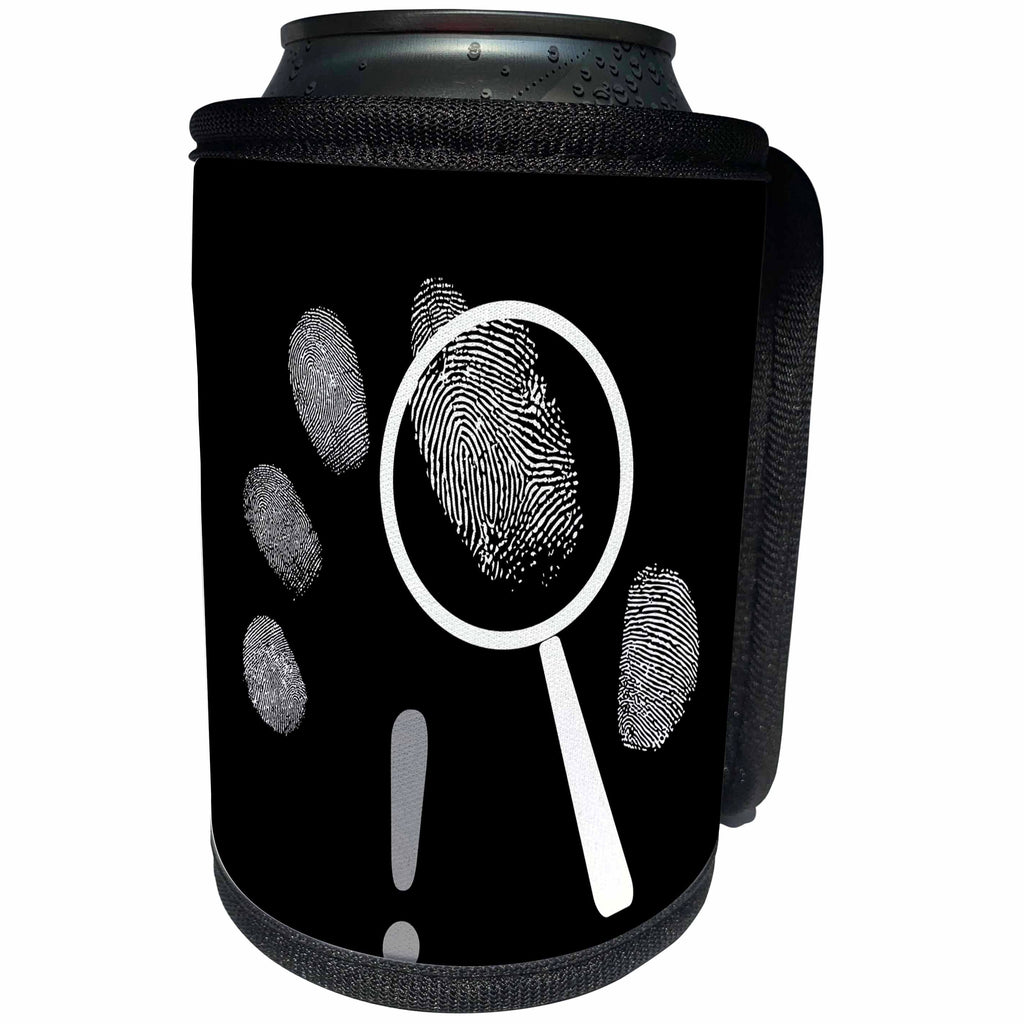 3dRose Alexis Design - Funny - Fingerprints, detective loupe or lens and a shout note on black - Can Cooler Bottle Wrap (cc_276084)
