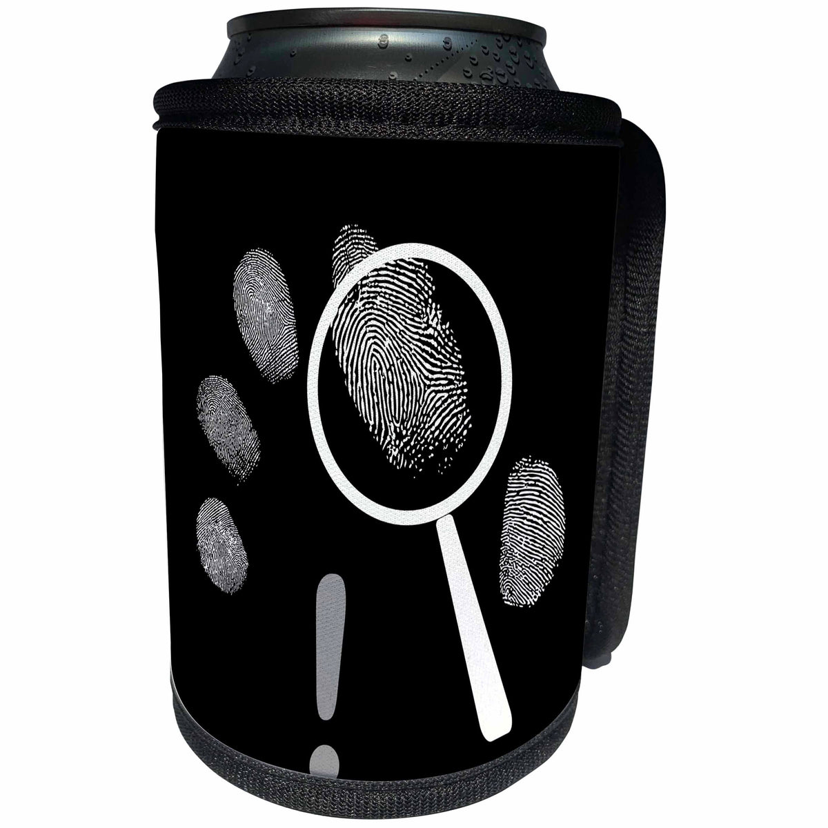 3dRose Alexis Design - Funny - Fingerprints, detective loupe or lens and a shout note on black - Can Cooler Bottle Wrap (cc_276084)