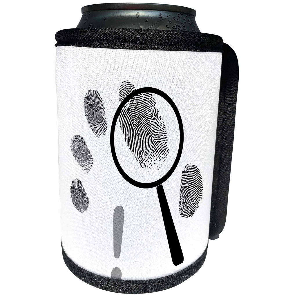 3dRose Alexis Design - Funny - Fingerprints, detective loupe or lens and an exclamation on white - Can Cooler Bottle Wrap (cc_276085)