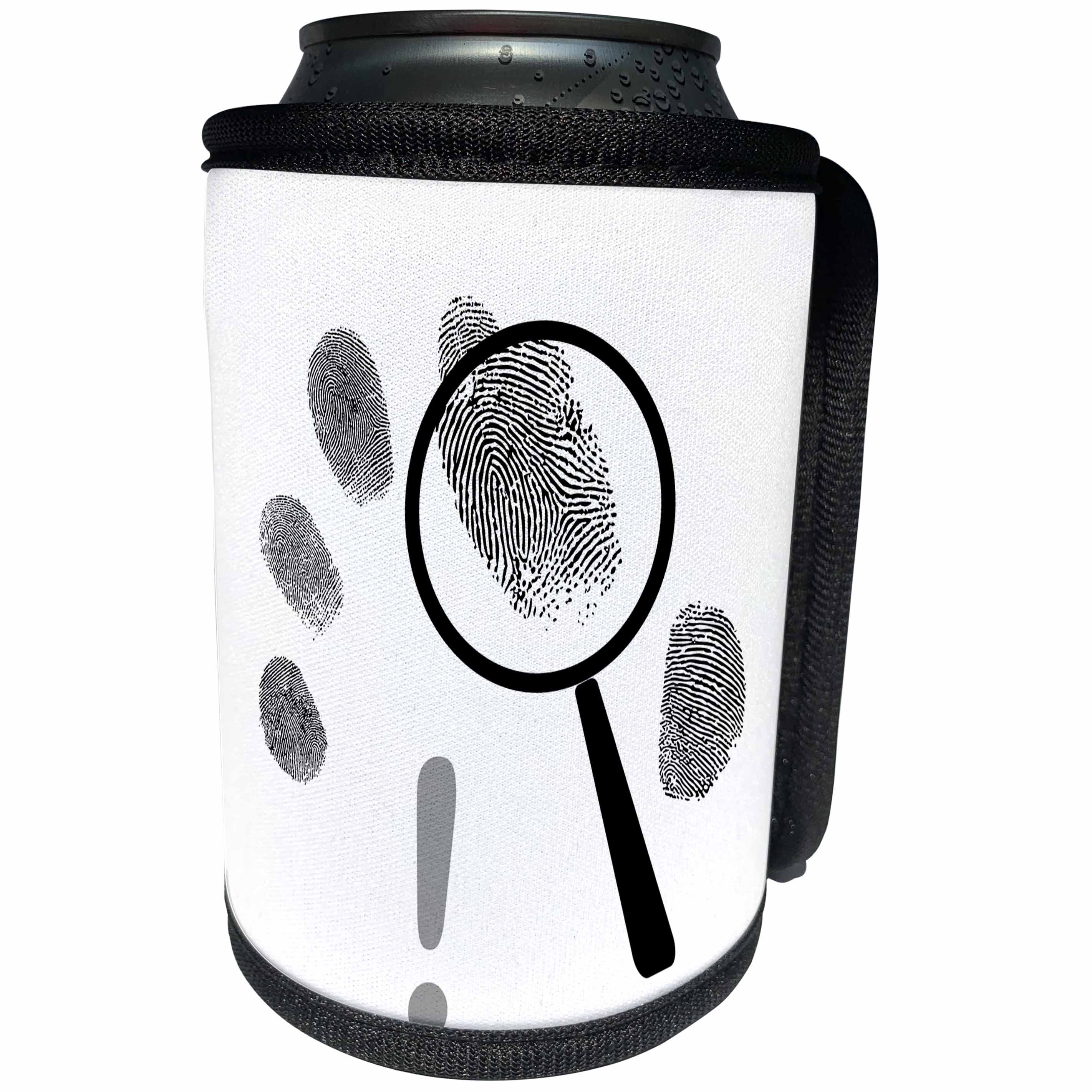 3dRose Alexis Design - Funny - Fingerprints, detective loupe or lens and an exclamation on white - Can Cooler Bottle Wrap (cc_276085)