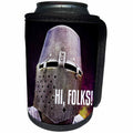 3dRose Alexis Design - Funny Knight - Medieval knight helmet and armor. Text Hi, folks. Fire and smoke - Can Cooler Bottle Wrap (cc_276090)