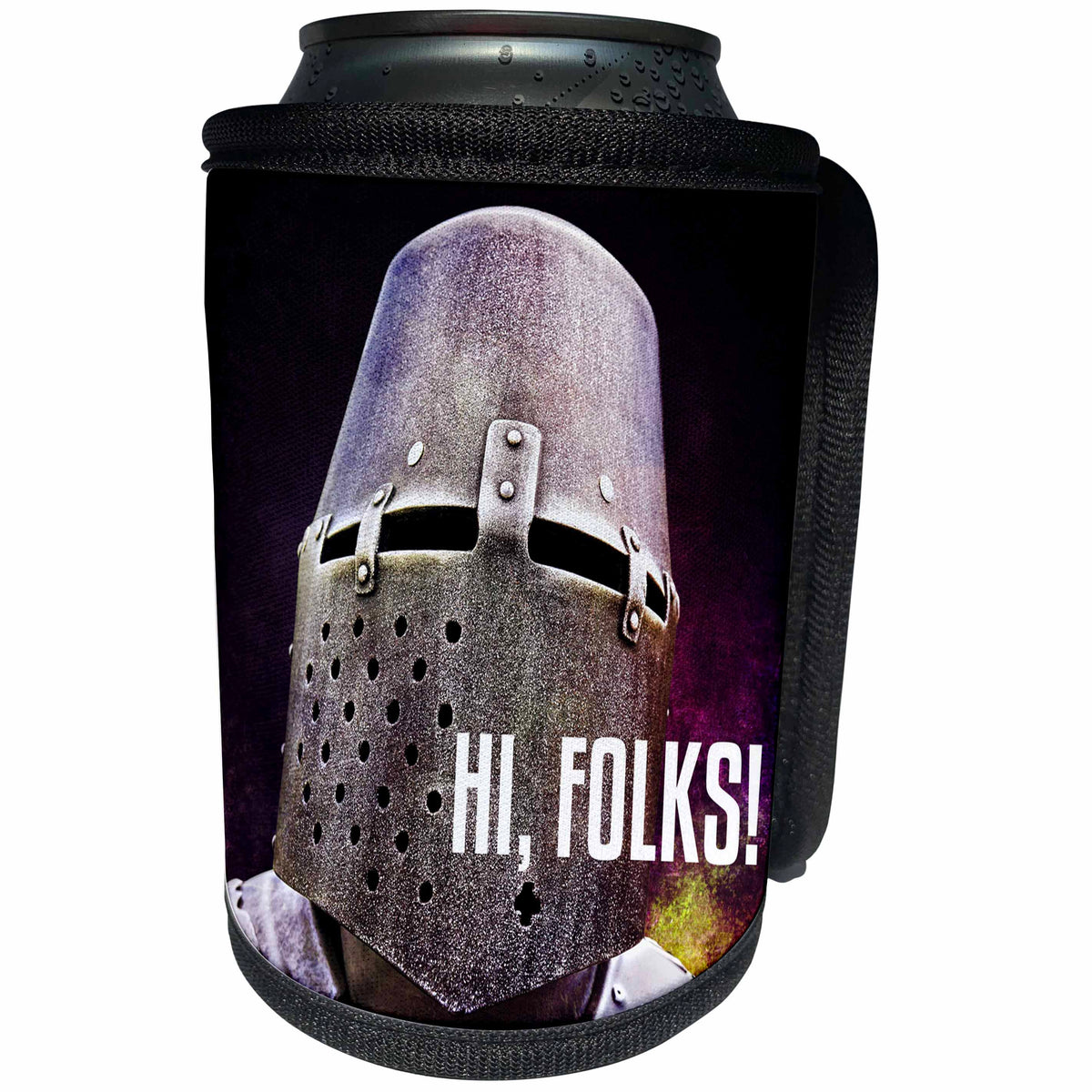 3dRose Alexis Design - Funny Knight - Medieval knight helmet and armor. Text Hi, folks. Fire and smoke - Can Cooler Bottle Wrap (cc_276090)