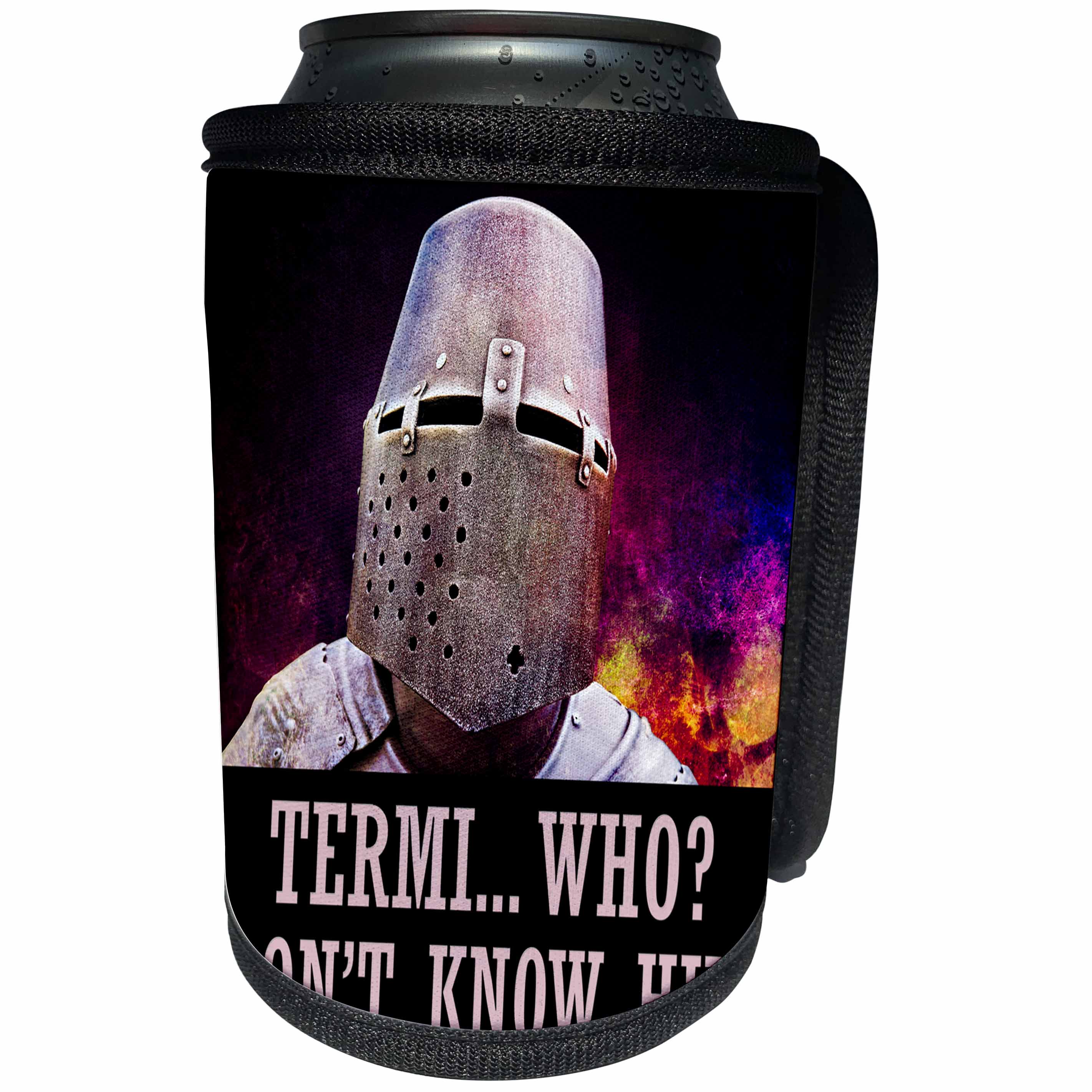 3dRose Alexis Design - Funny Knight - Medieval knight helmet and armor on black. Termi who - Can Cooler Bottle Wrap (cc_276091)