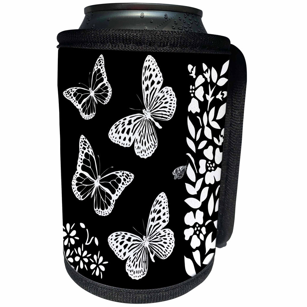 3dRose Alexis Design - Butterfly - Beautiful butterflies between garden plants. White on black - Can Cooler Bottle Wrap (cc_276094)