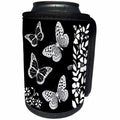 3dRose Alexis Design - Butterfly - Beautiful butterflies between garden plants. White on black - Can Cooler Bottle Wrap (cc_276094)