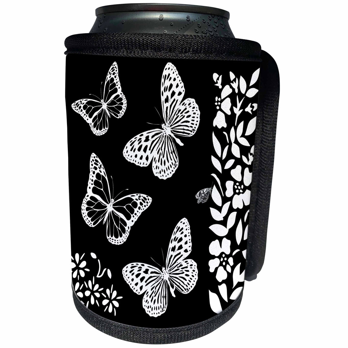 3dRose Alexis Design - Butterfly - Beautiful butterflies between garden plants. White on black - Can Cooler Bottle Wrap (cc_276094)
