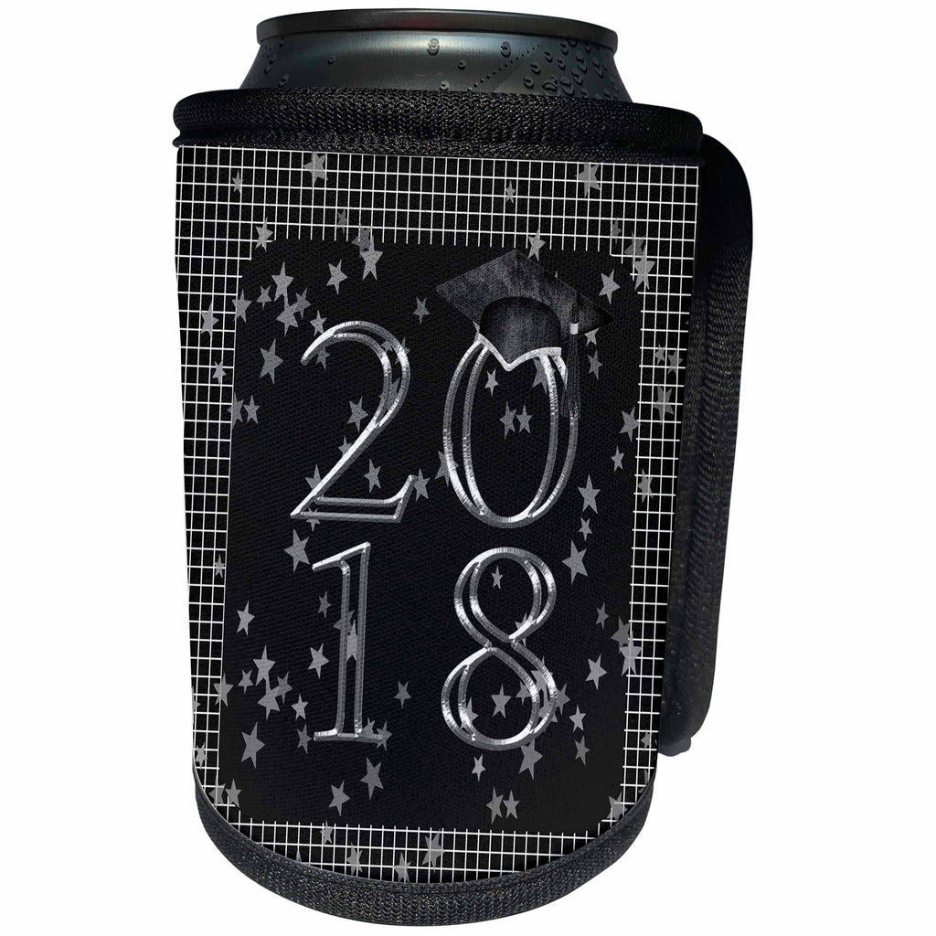 3dRose Beverly Turner Graduation Design - 2018 Graduation Cap, Stars on Graph Paper, Black and Silver - Can Cooler Bottle Wrap (cc_276098)
