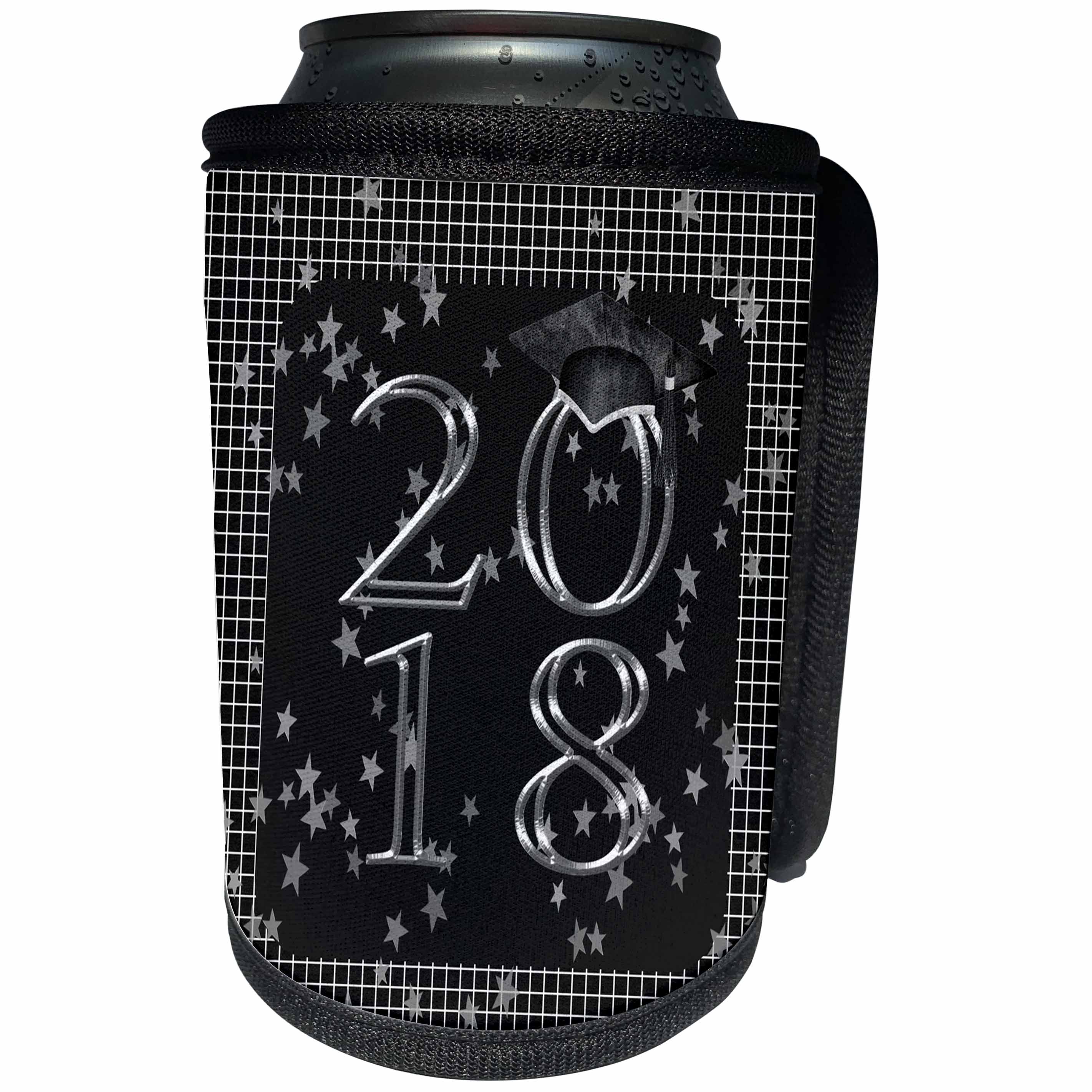 3dRose Beverly Turner Graduation Design - 2018 Graduation Cap, Stars on Graph Paper, Black and Silver - Can Cooler Bottle Wrap (cc_276098)