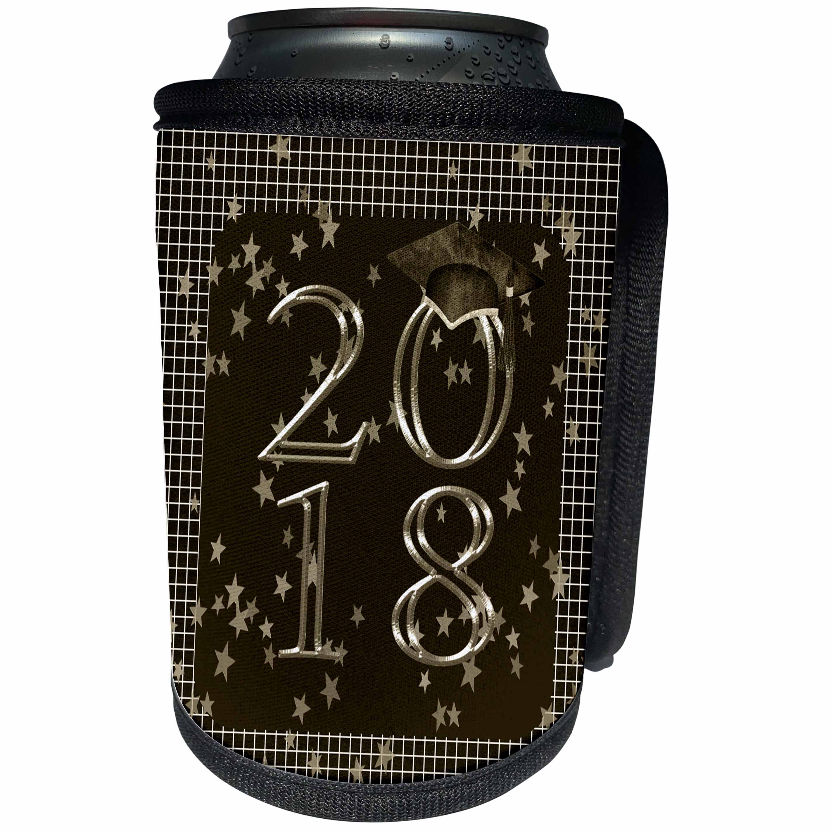 3dRose Beverly Turner Graduation Design - 2018 Graduation Cap, Stars on Graph Paper, Sepia and Gold - Can Cooler Bottle Wrap (cc_276099)