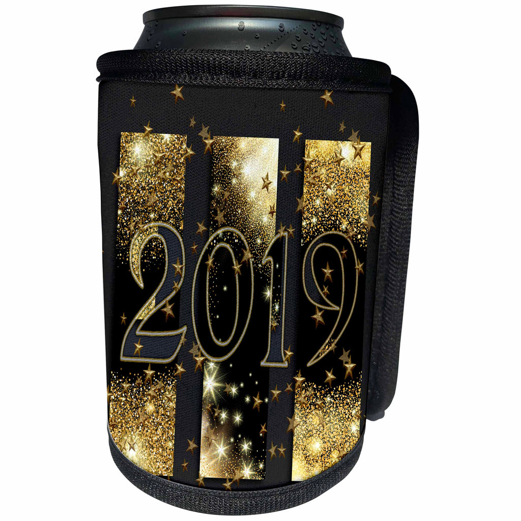 3dRose Beverly Turner New Years Design - 2019, New Years, Gold and Brown with Stars and Glitter - Can Cooler Bottle Wrap (cc_276103)