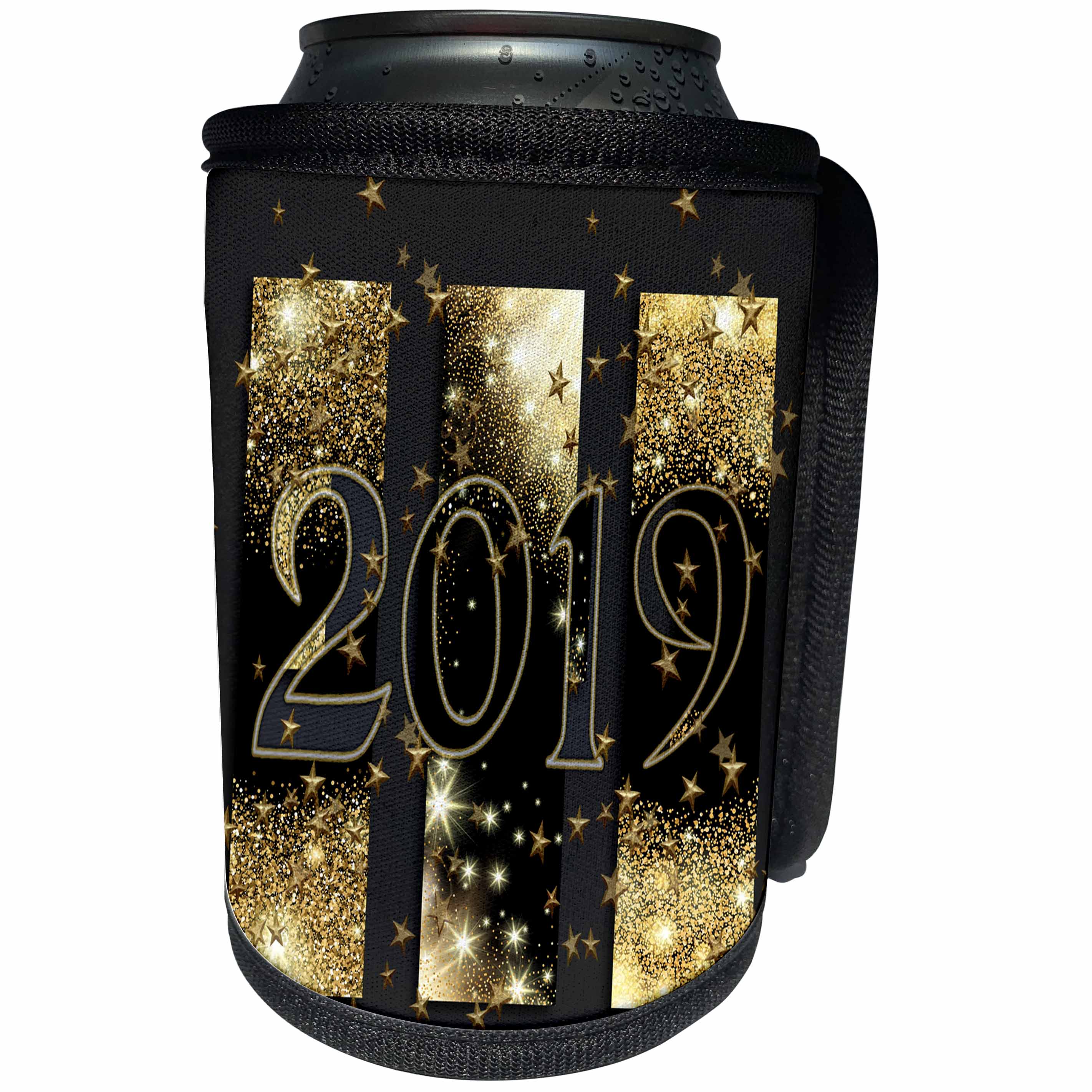 3dRose Beverly Turner New Years Design - 2019, New Years, Gold and Brown with Stars and Glitter - Can Cooler Bottle Wrap (cc_276103)