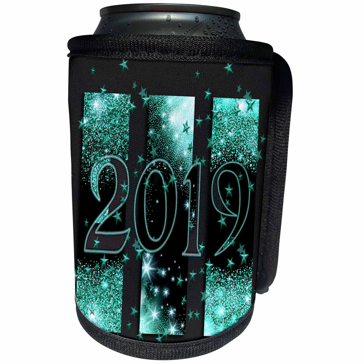 3dRose Beverly Turner New Years Design - 2019, New Years, Aqua Green and Gray with Stars and Glitter - Can Cooler Bottle Wrap (cc_276104)