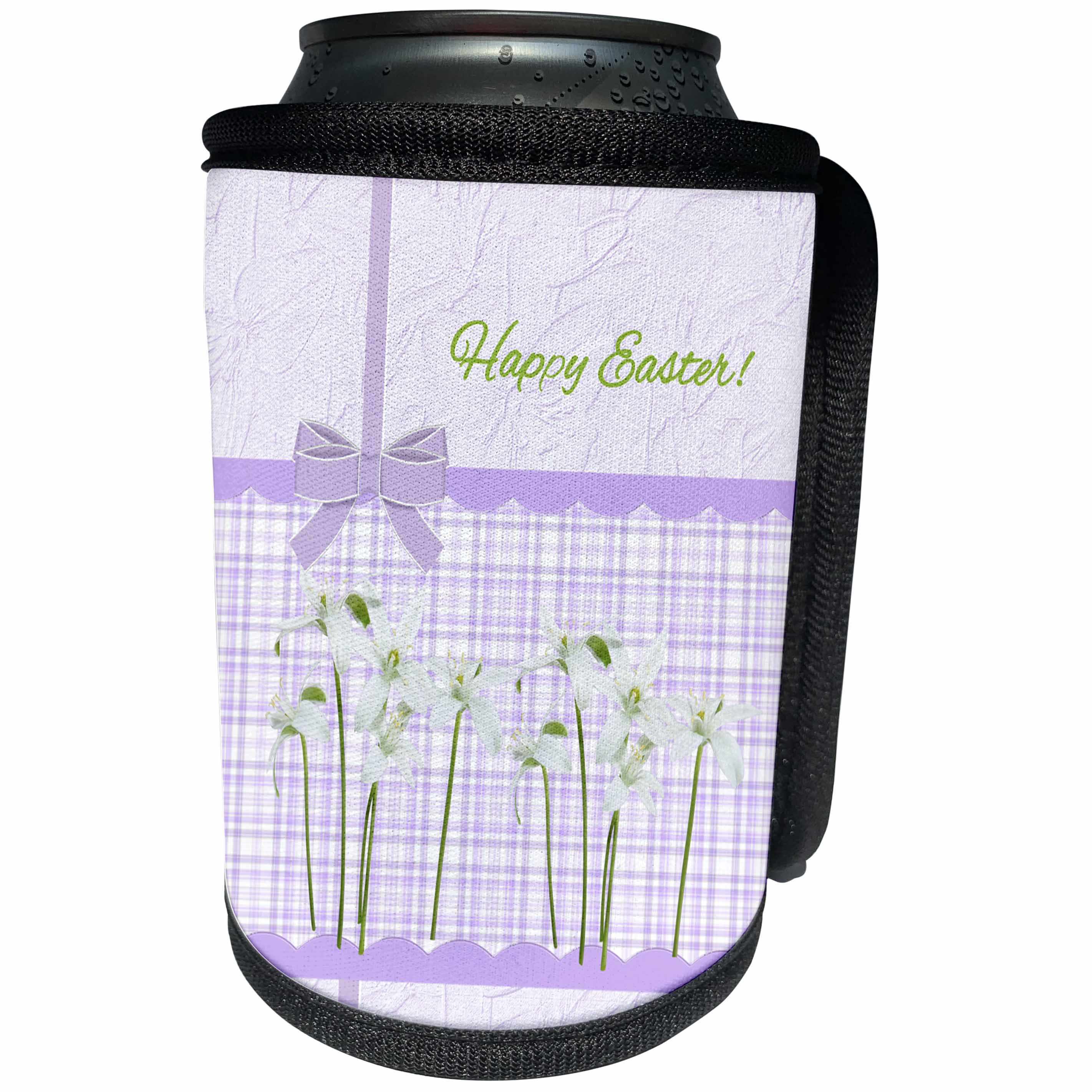 3dRose Beverly Turner Easter Design and Photography - Easter Lilies on Lavender Gingham and Pretty Bow, Happy Easter - Can Cooler Bottle Wrap (cc_276110)